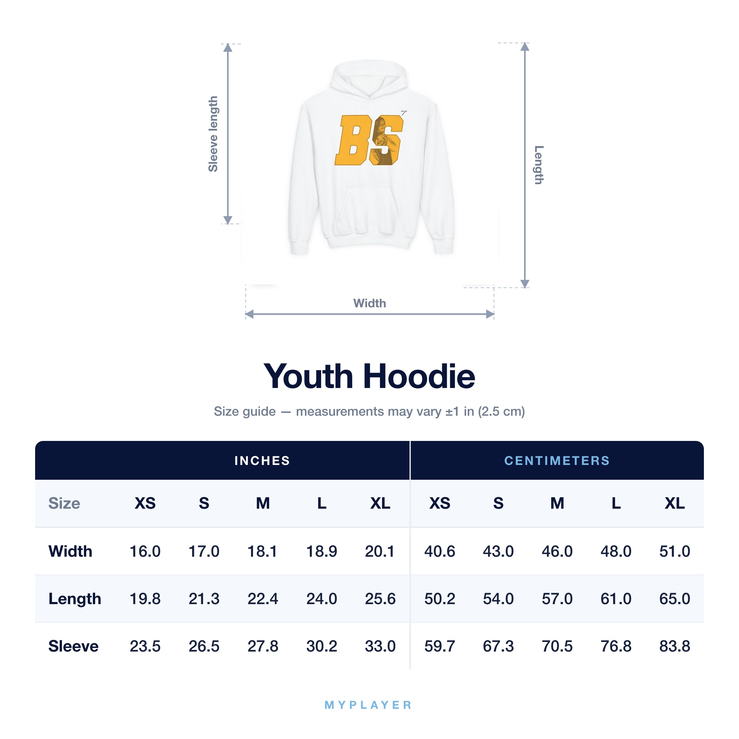 Youth Hoodie size chart