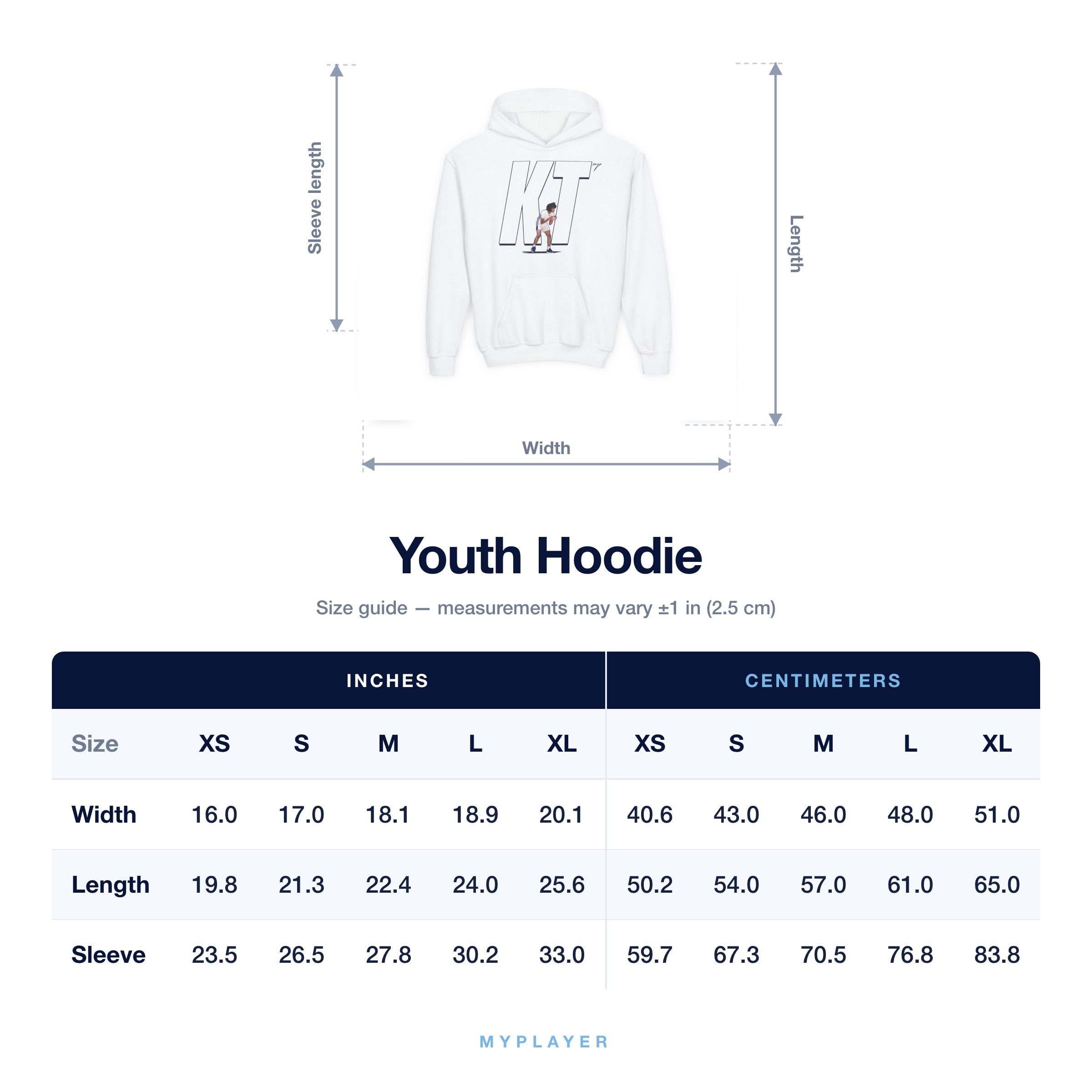 Youth Hoodie size chart