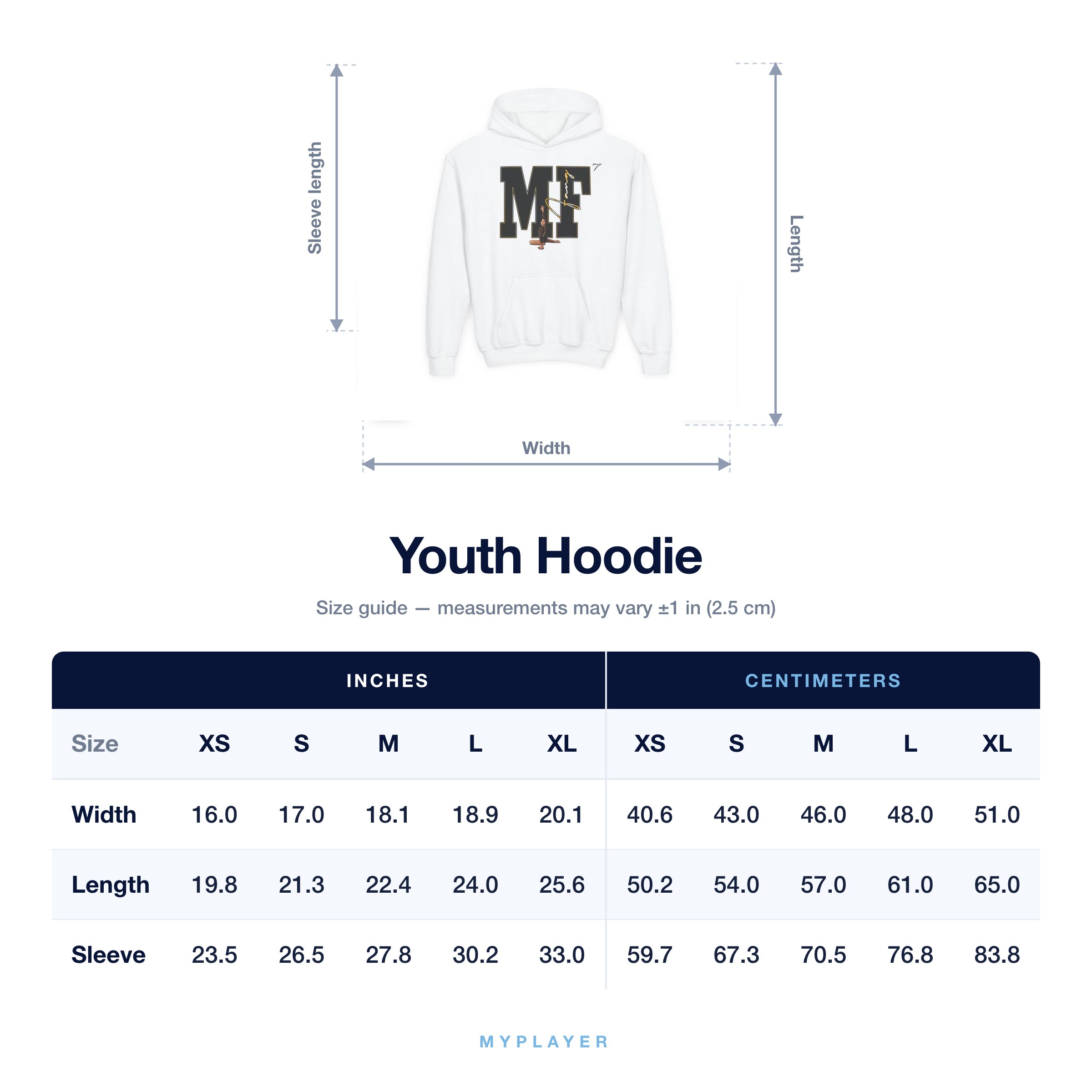 Youth Hoodie size chart