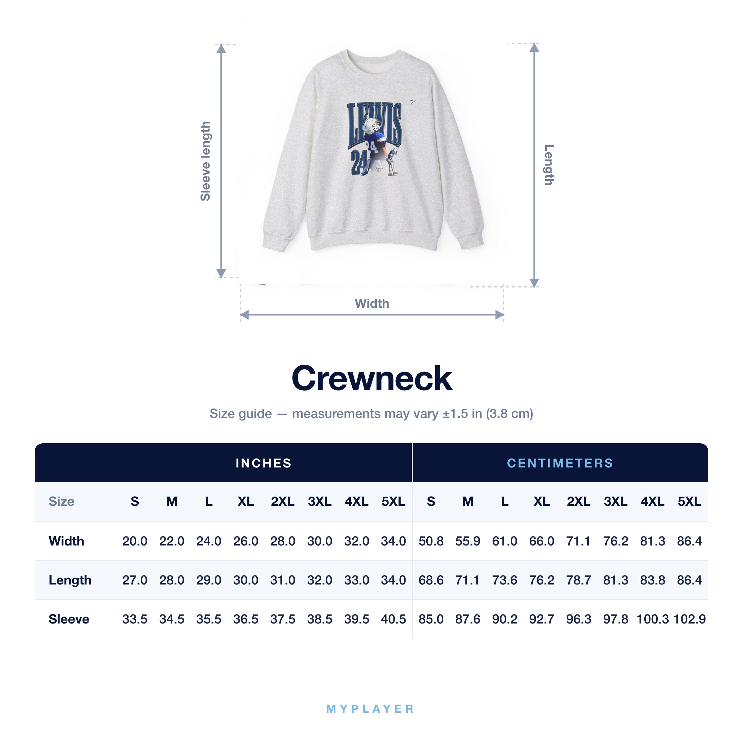 Crewneck size chart