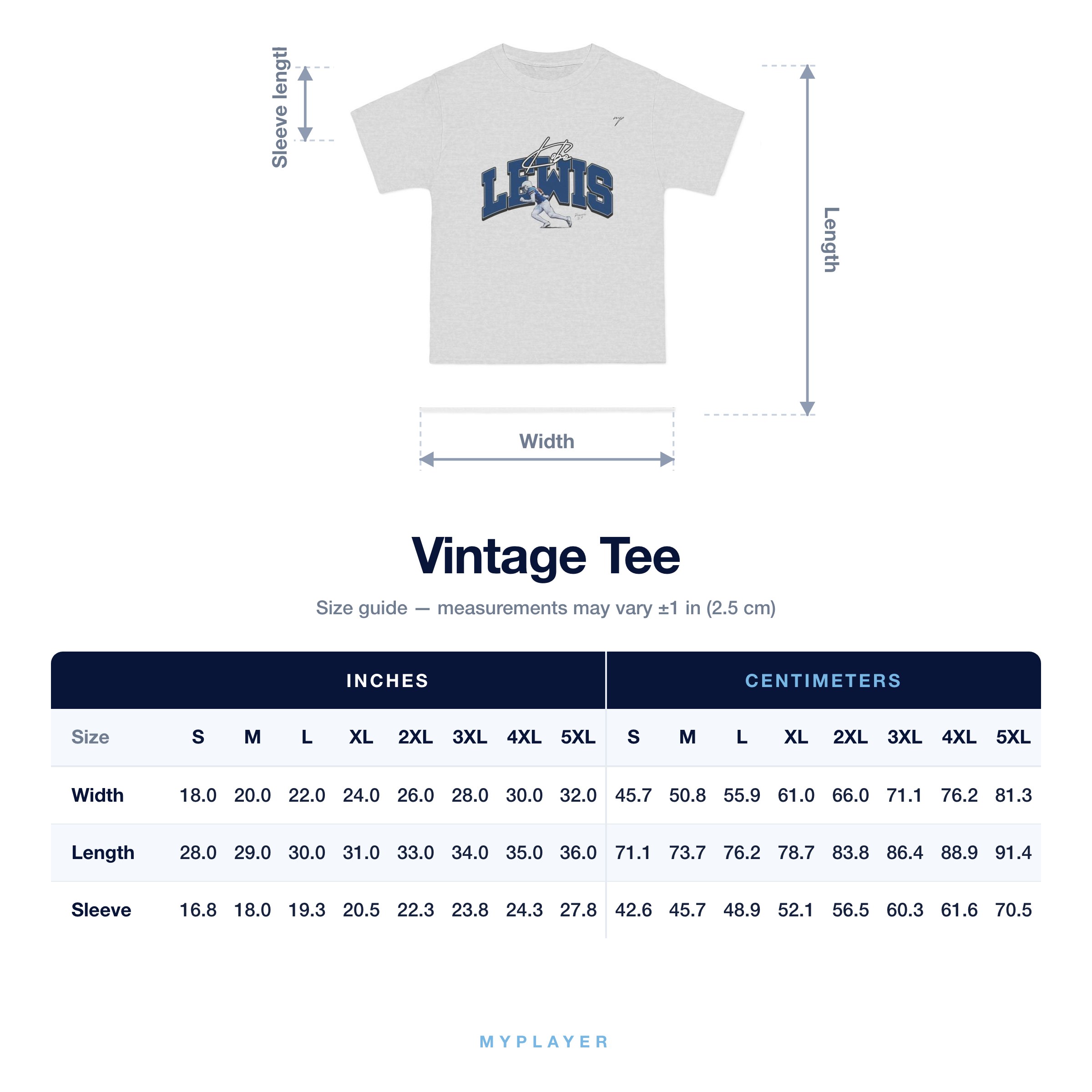 Vintage Tee size chart