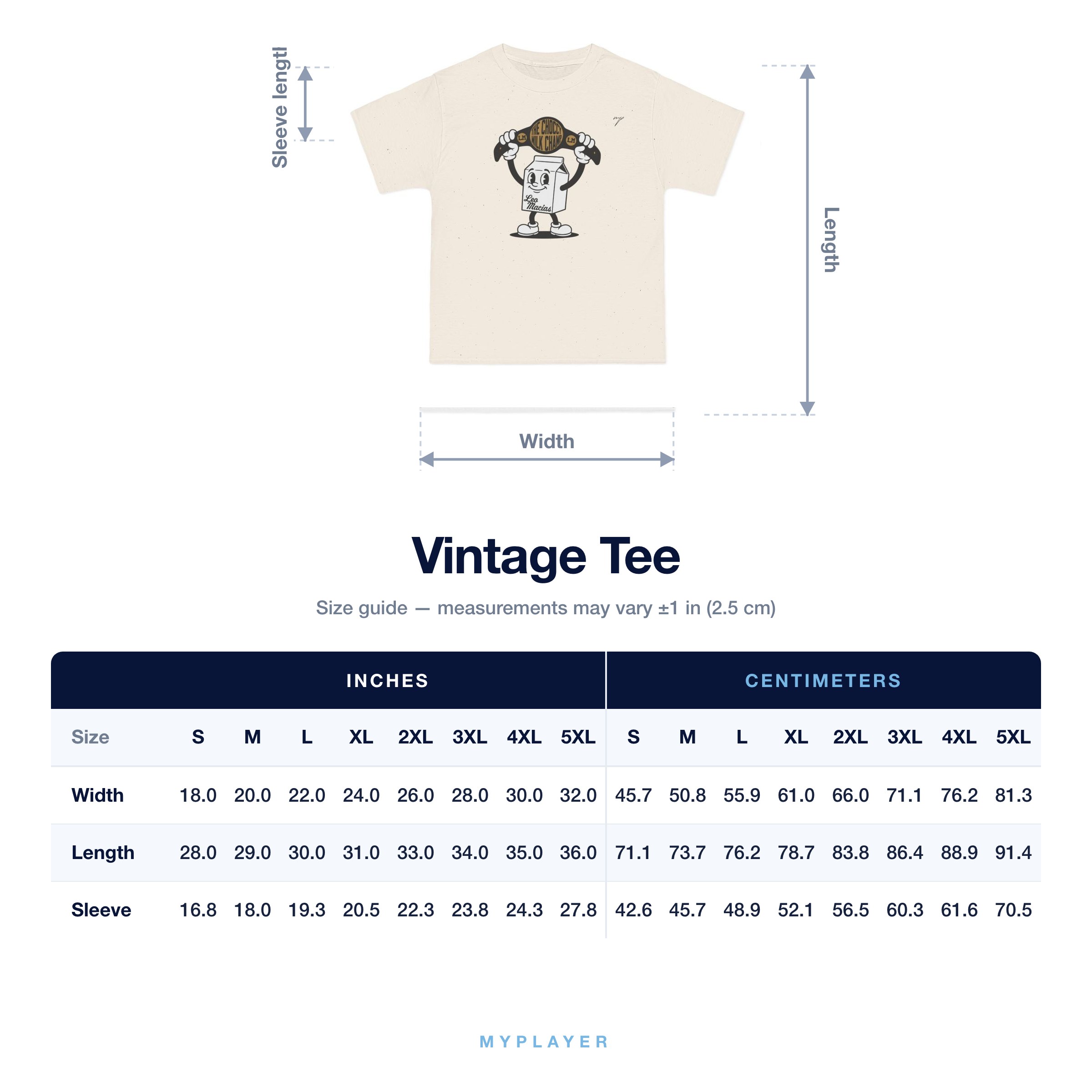 Vintage Tee size chart