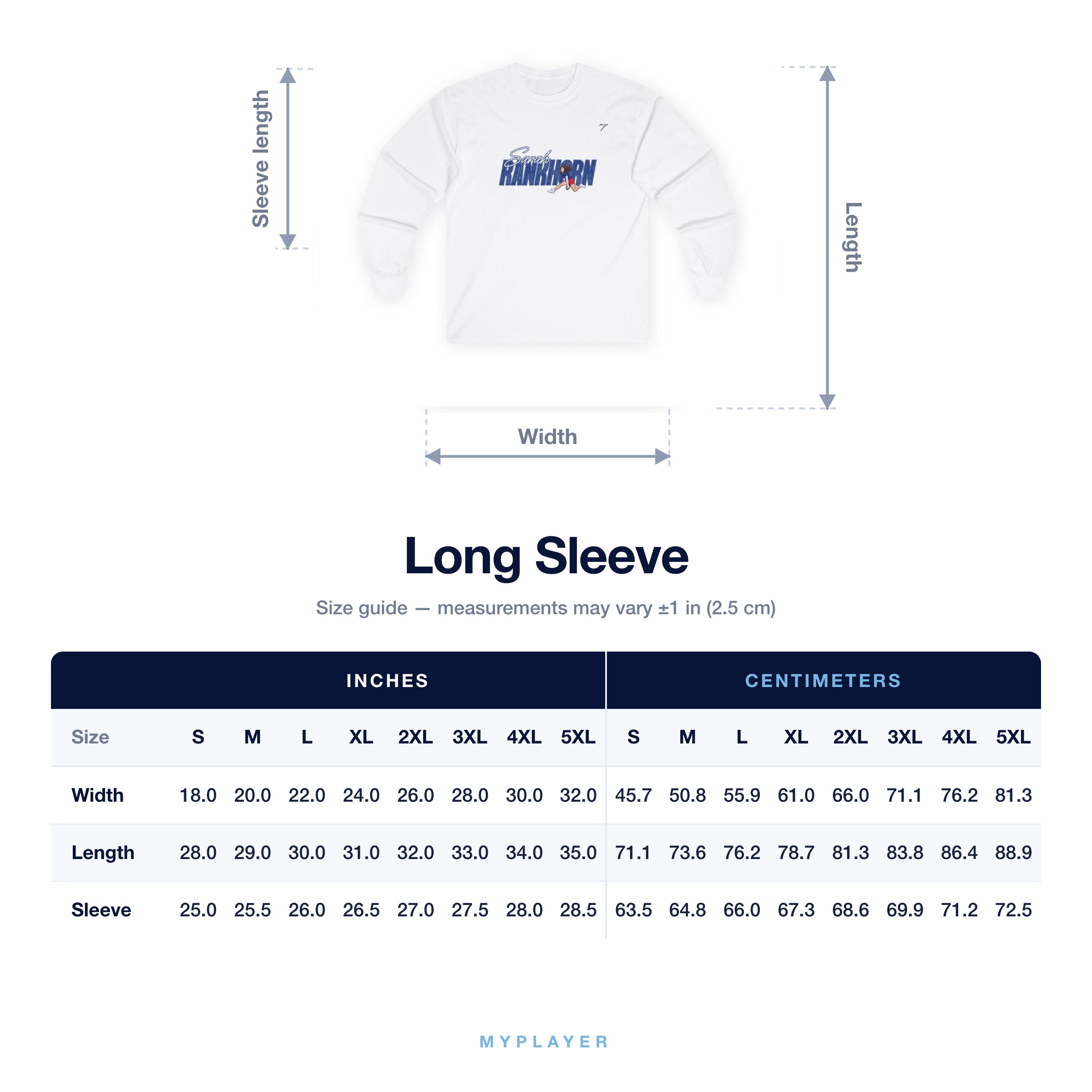 Long Sleeve size chart
