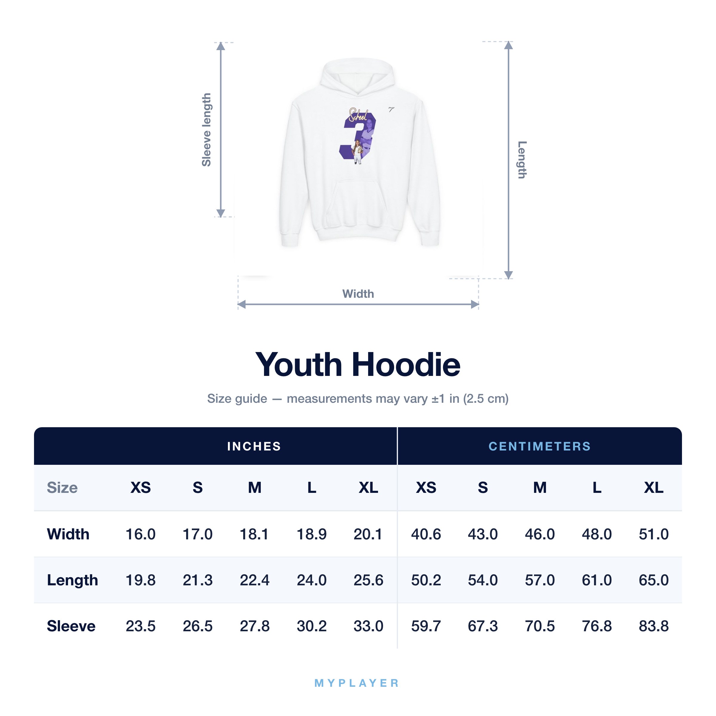 Youth Hoodie size chart