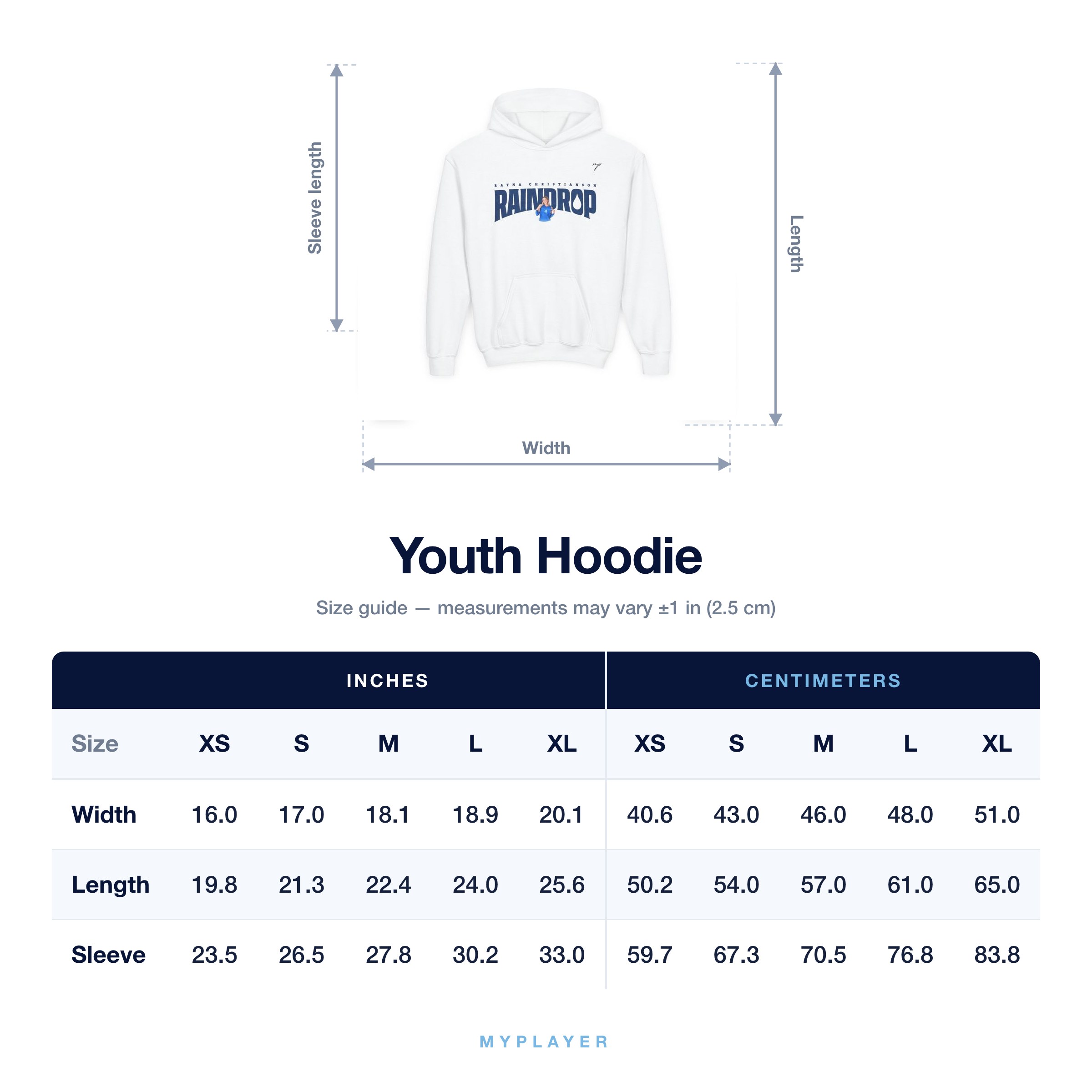 Youth Hoodie size chart
