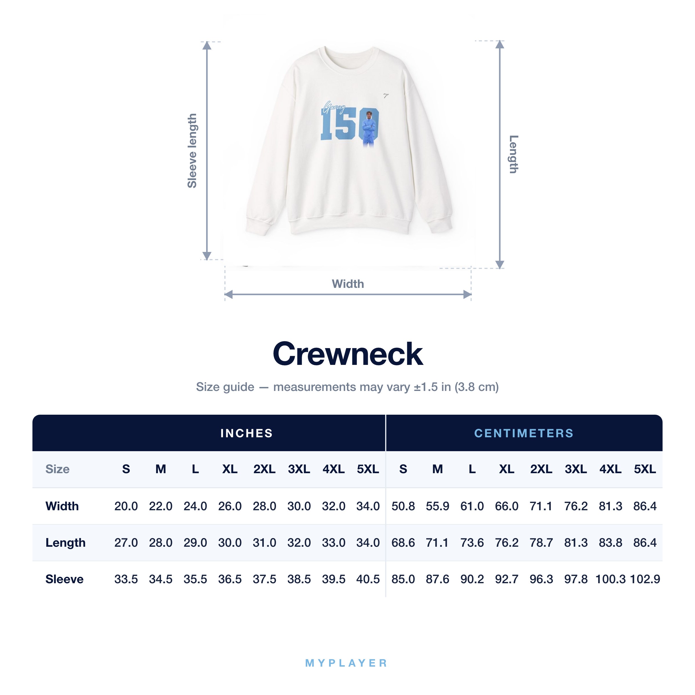 Crewneck size chart