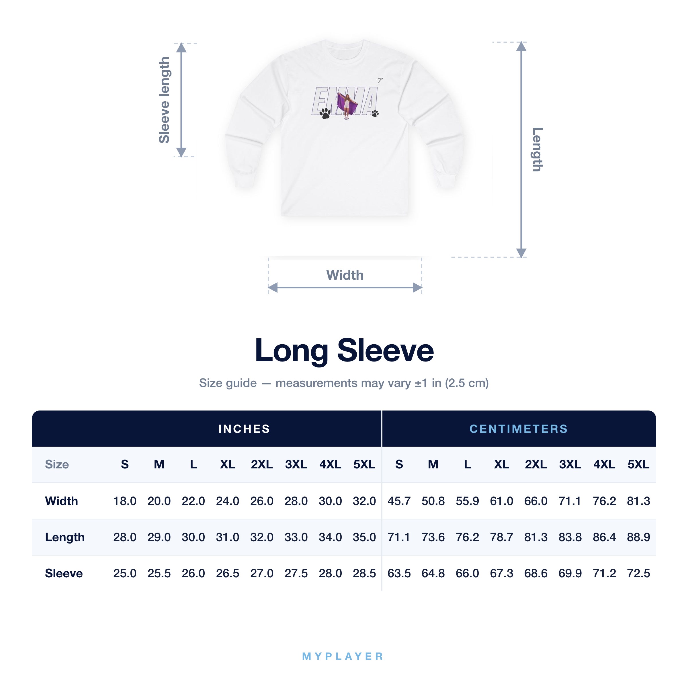 Long Sleeve size chart