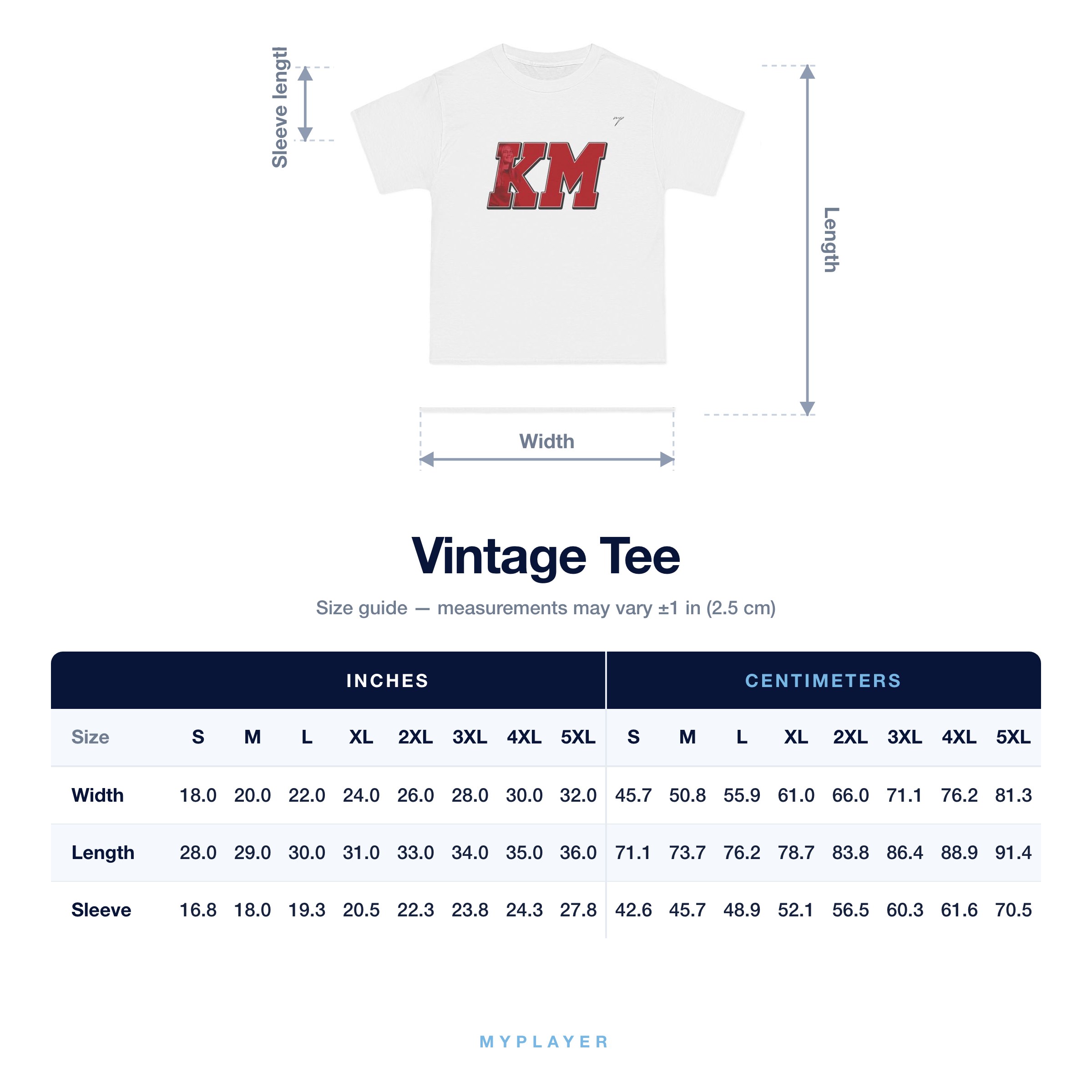 Vintage Tee size chart