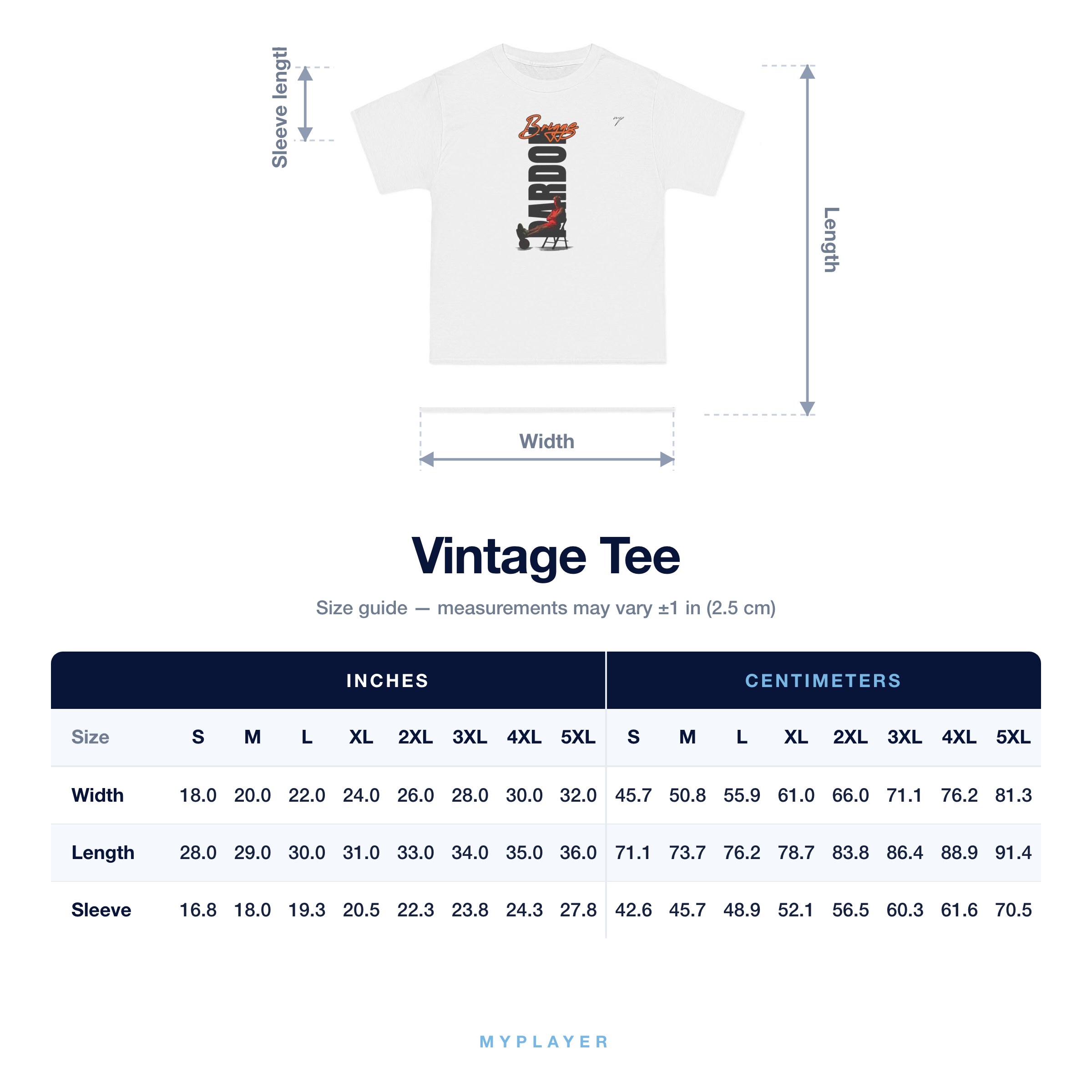 Vintage Tee size chart