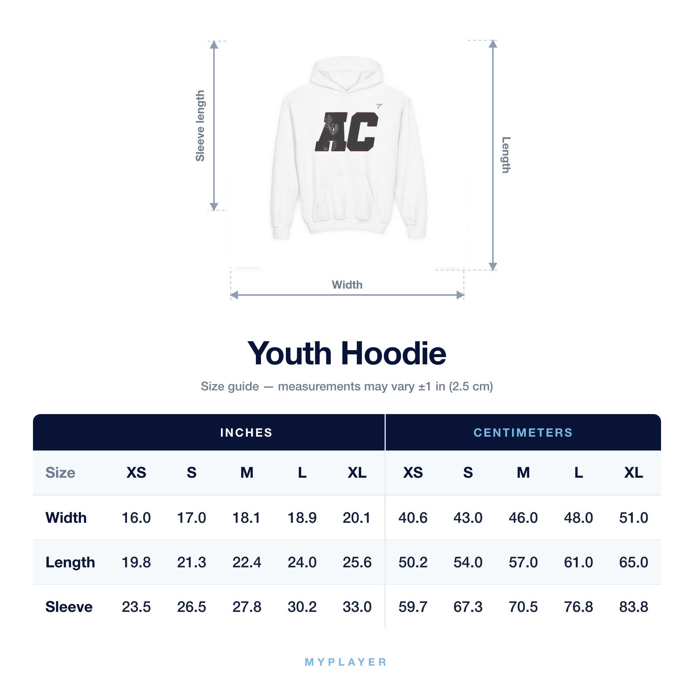 Youth Hoodie size chart