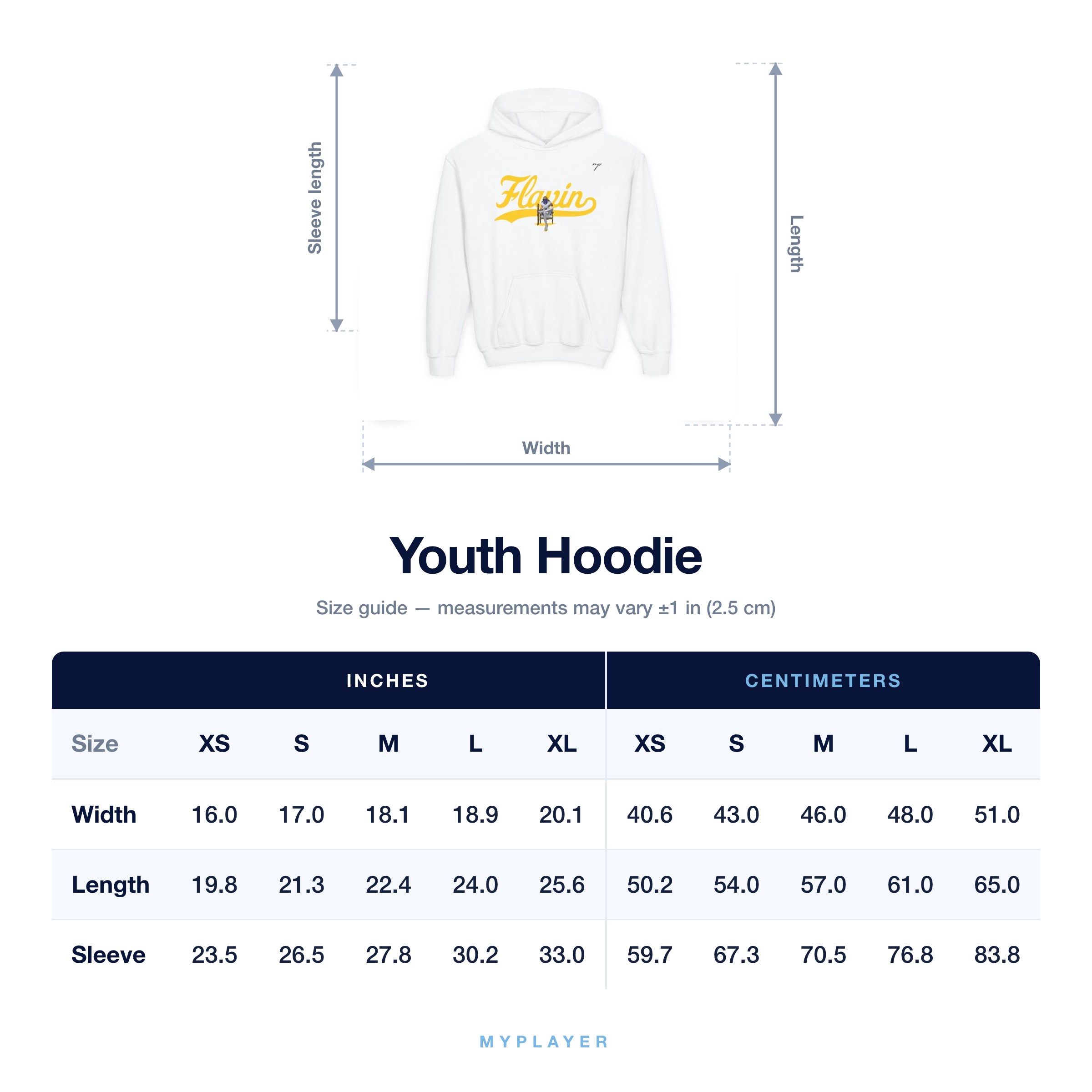 Youth Hoodie size chart