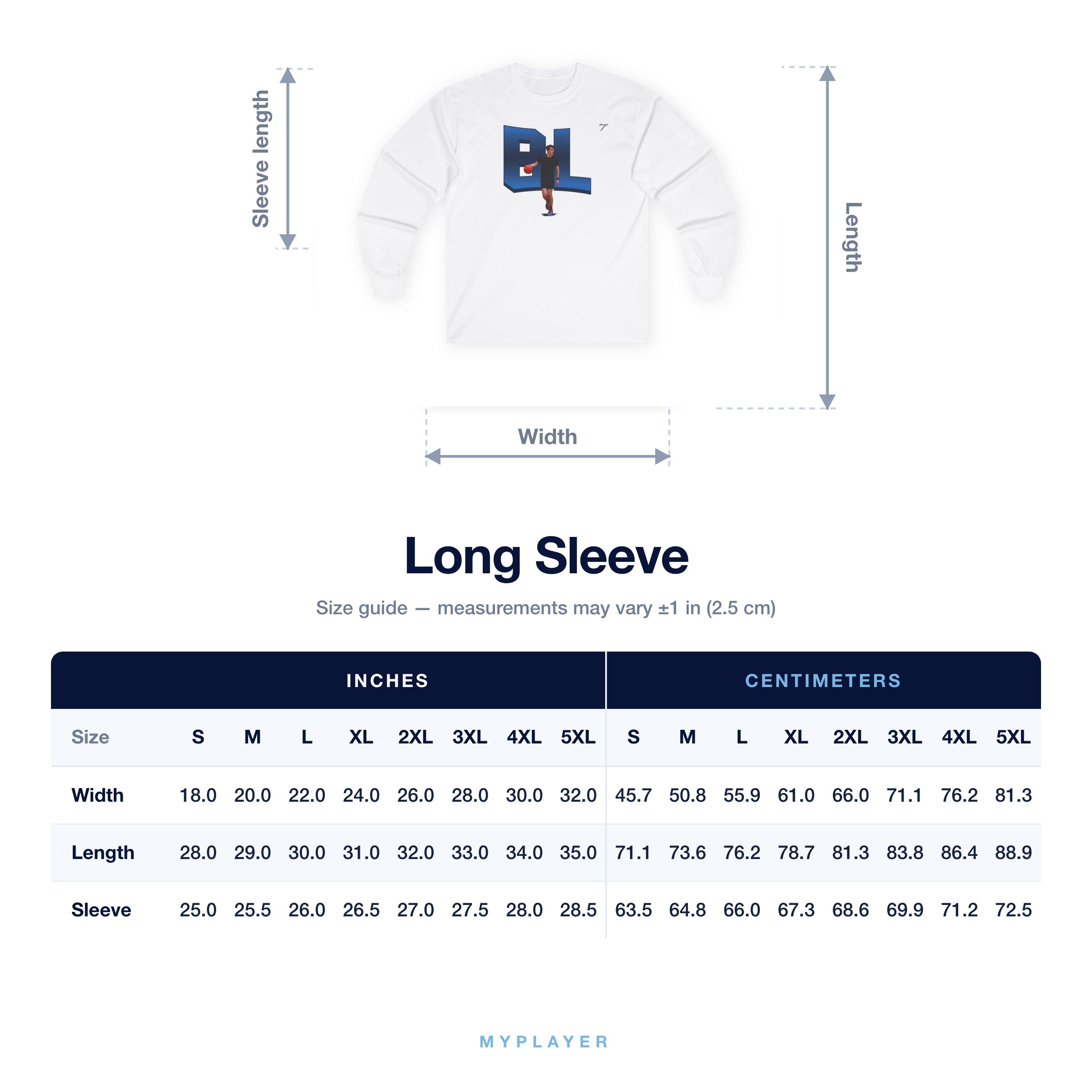 Long Sleeve size chart