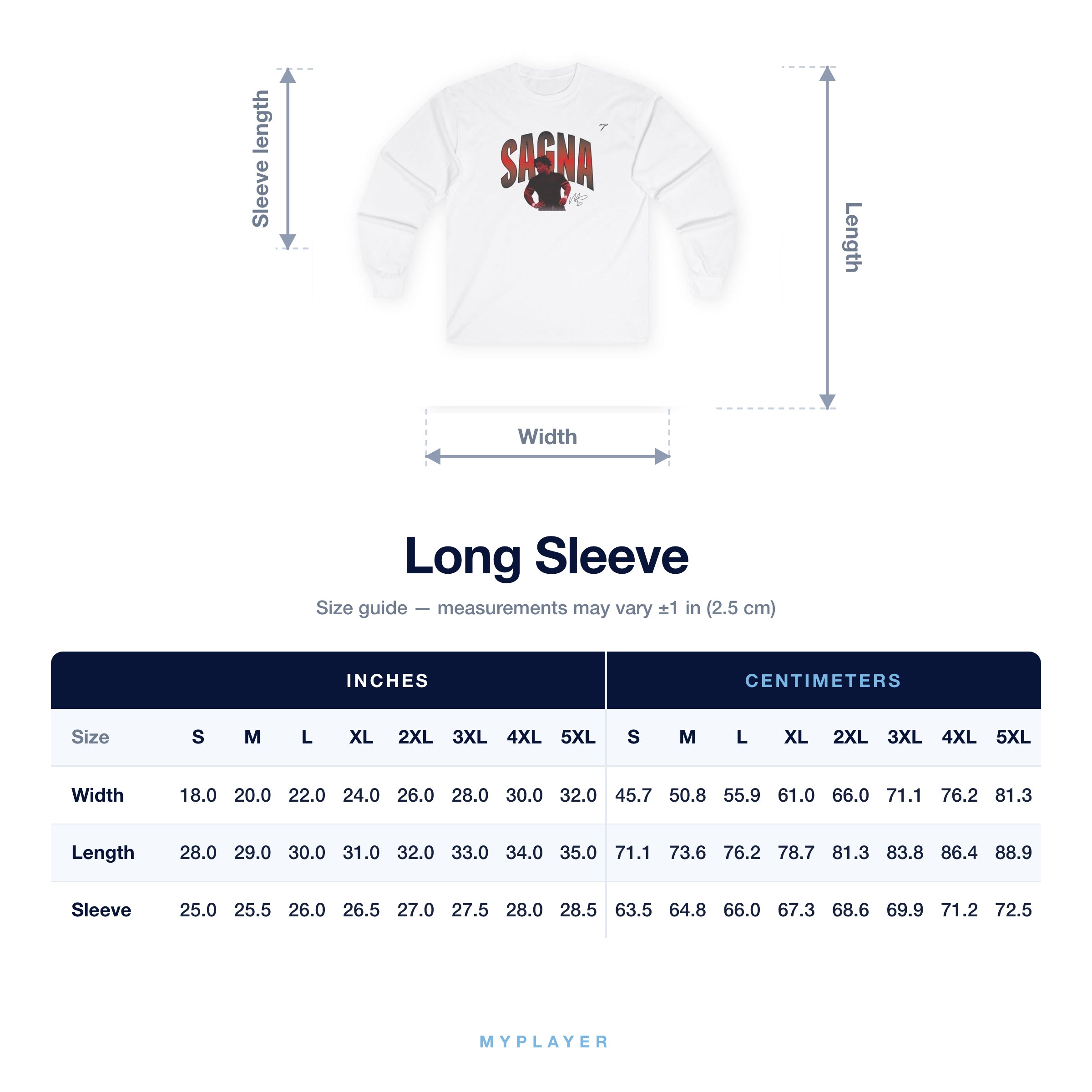Long Sleeve size chart