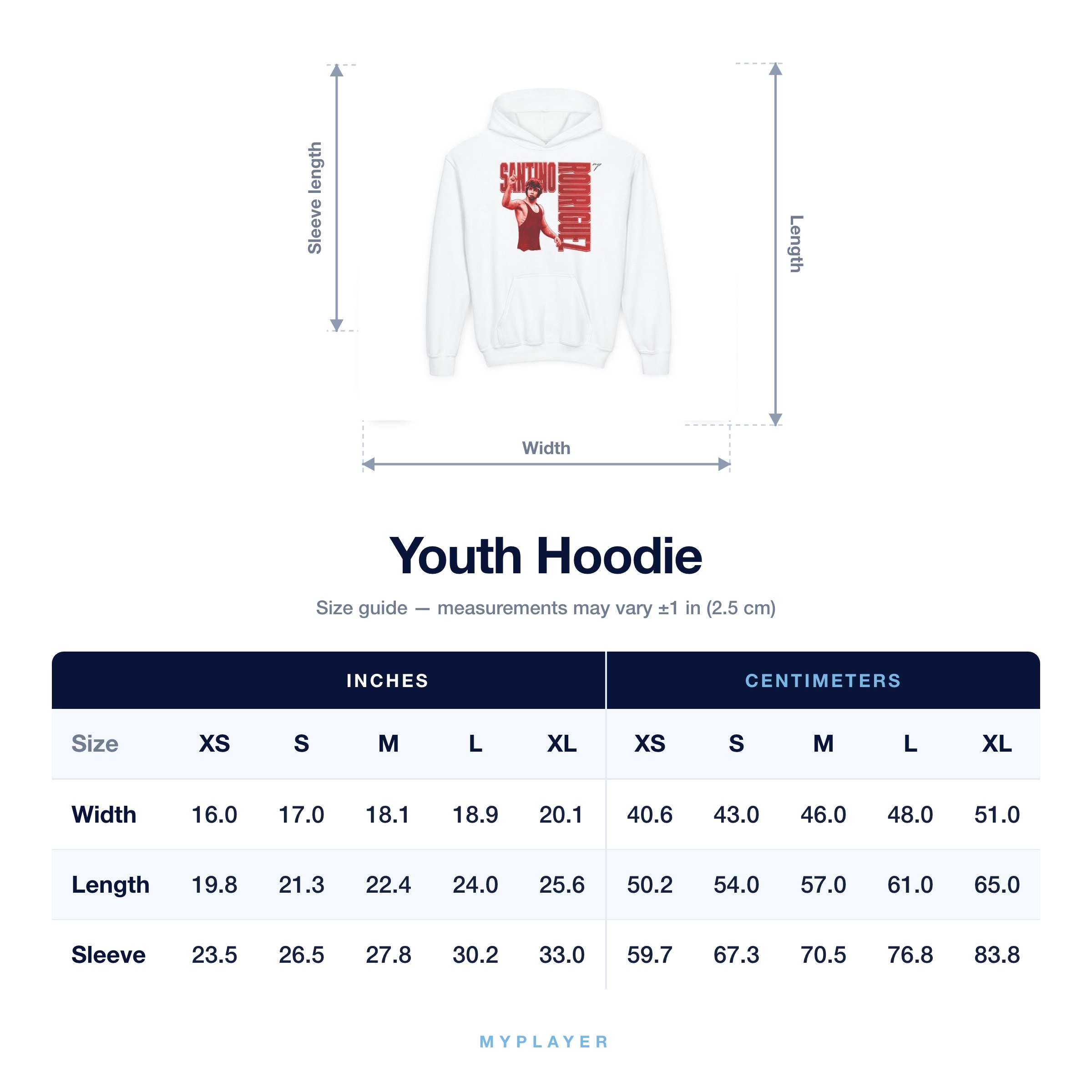 Youth Hoodie size chart