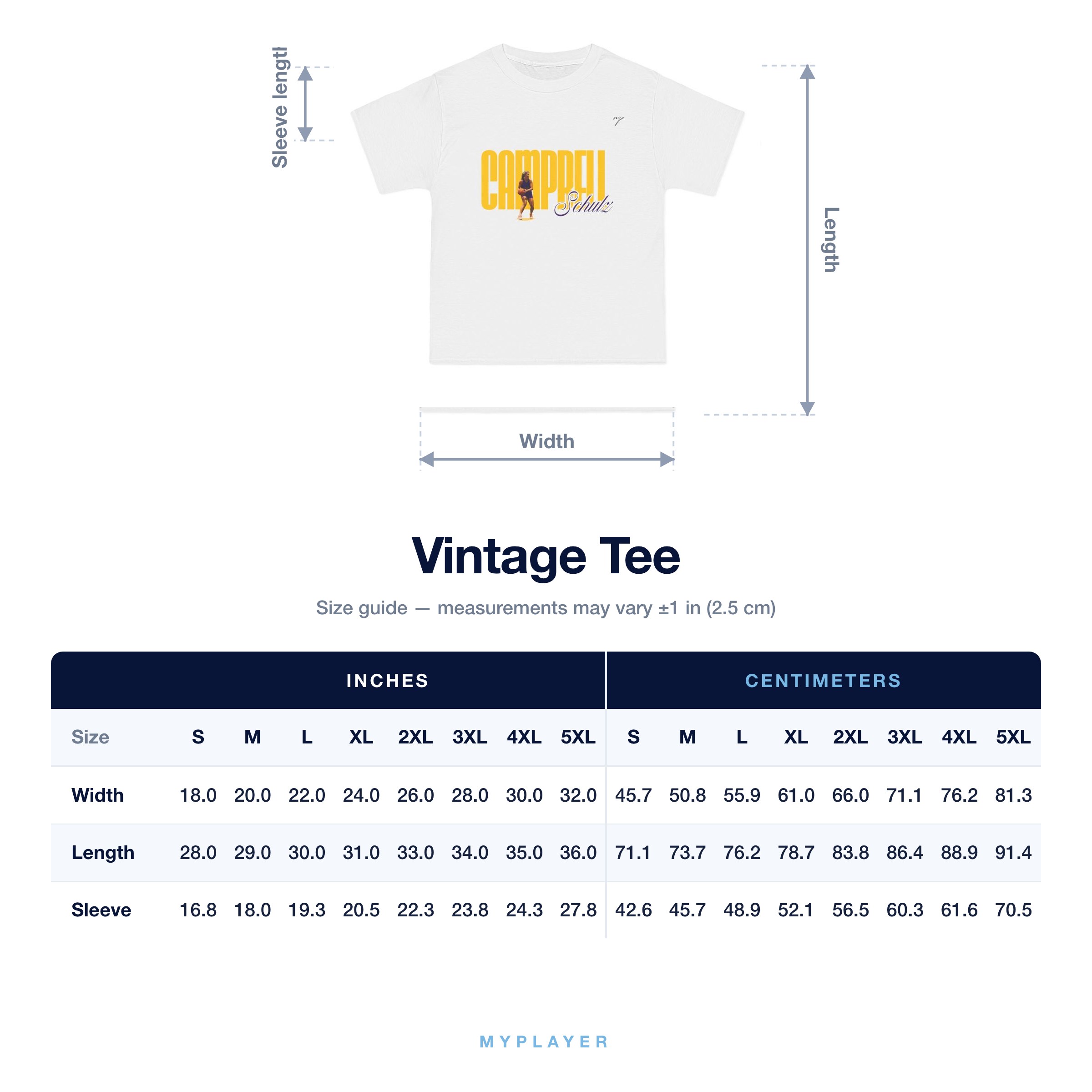 Vintage Tee size chart