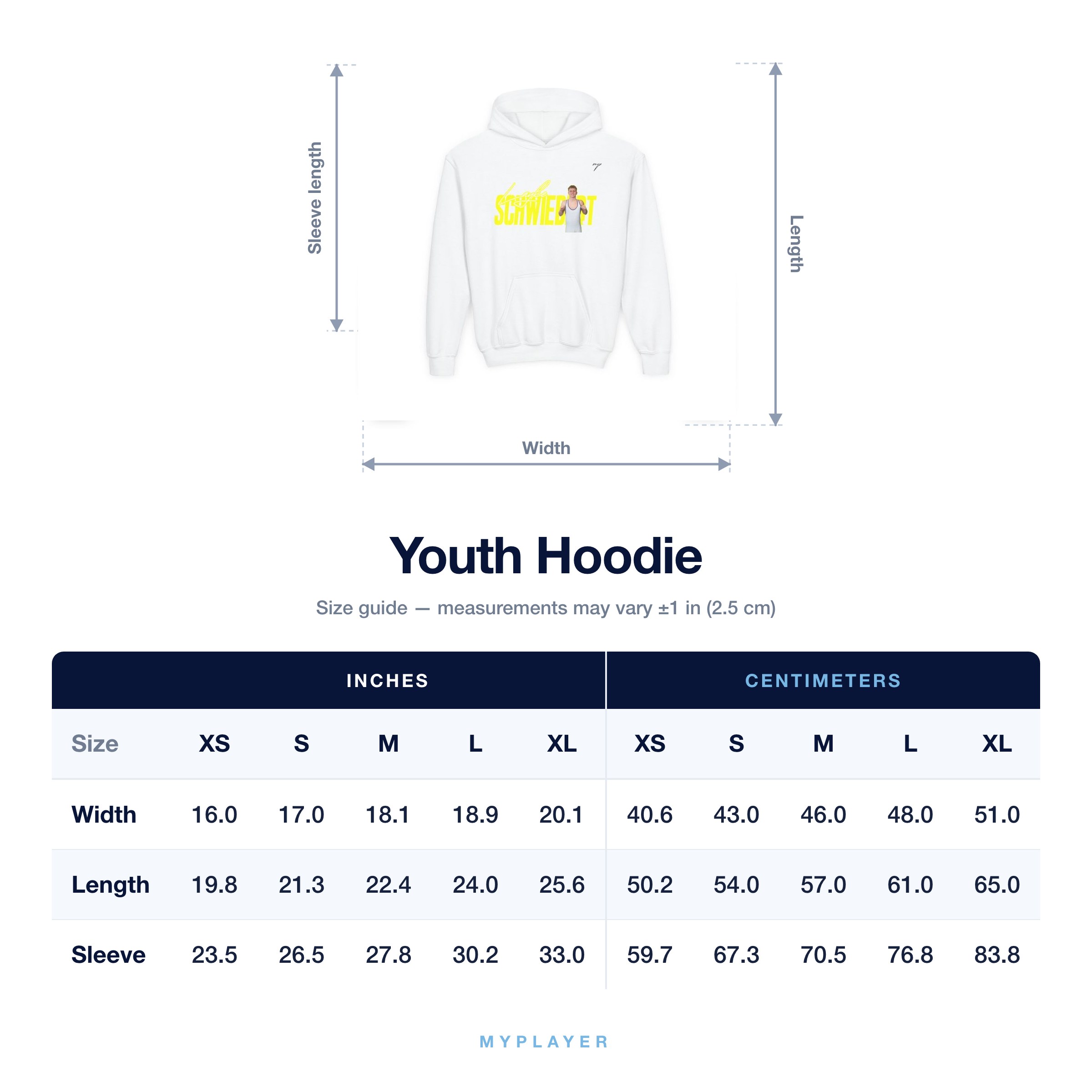 Youth Hoodie size chart