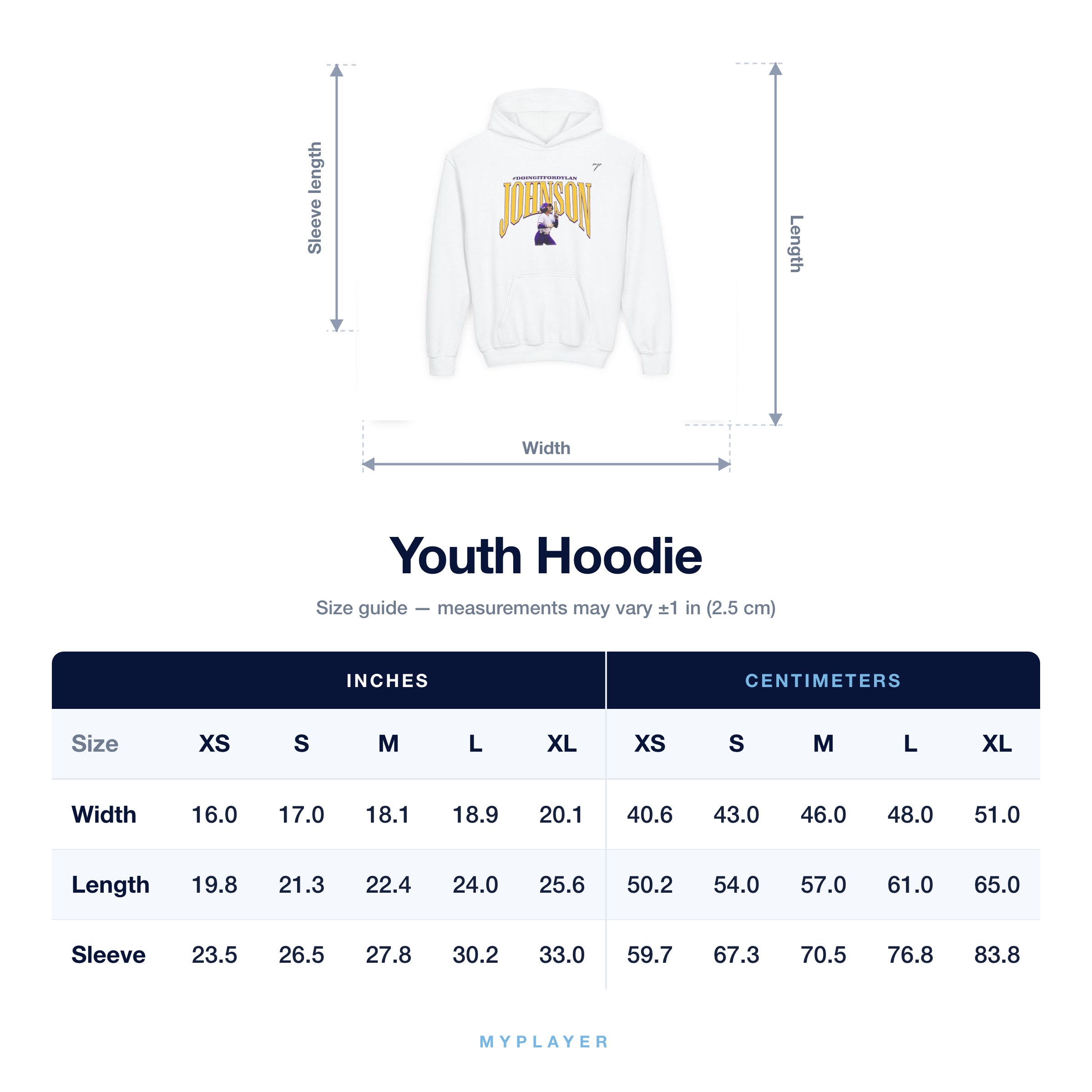 Youth Hoodie size chart