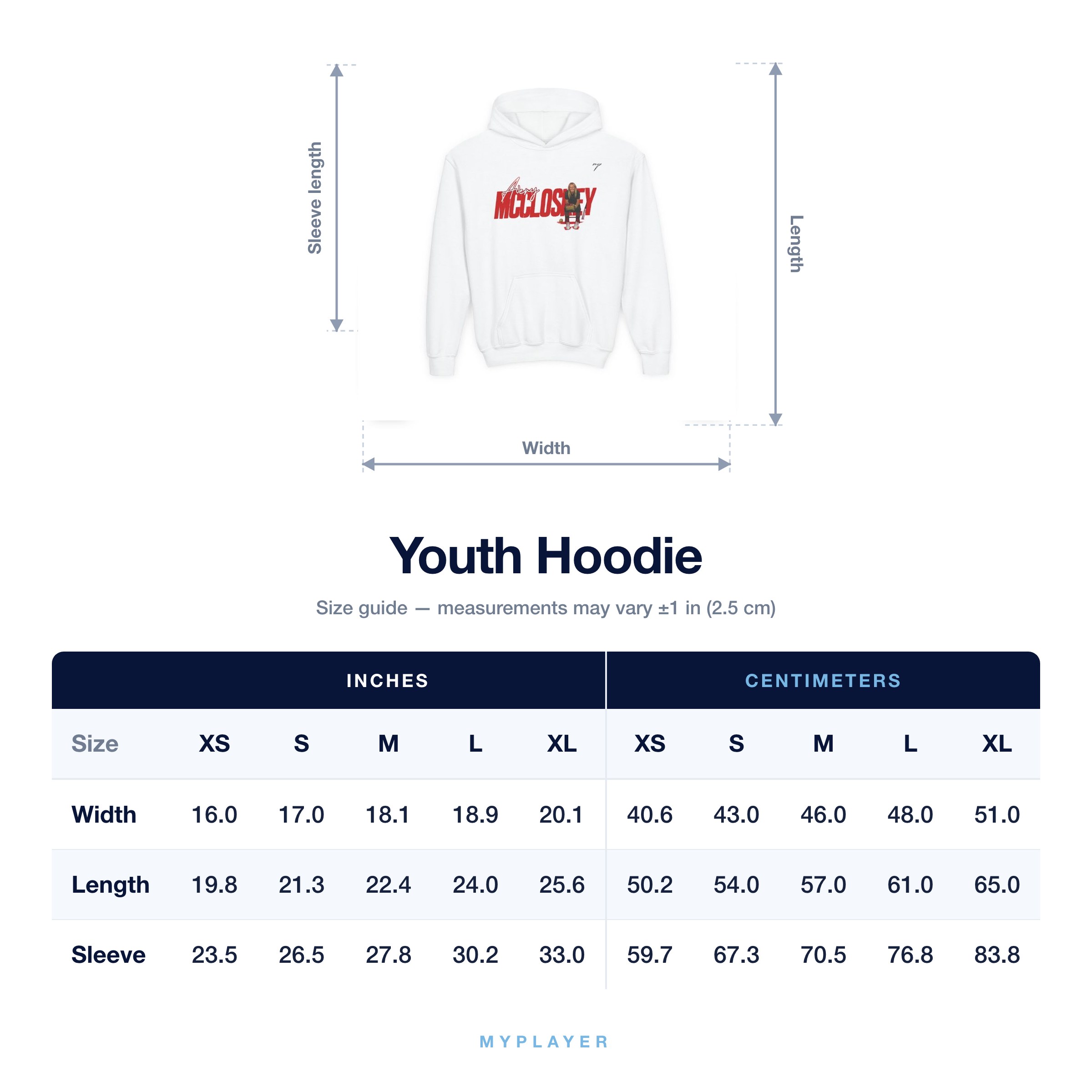 Youth Hoodie size chart