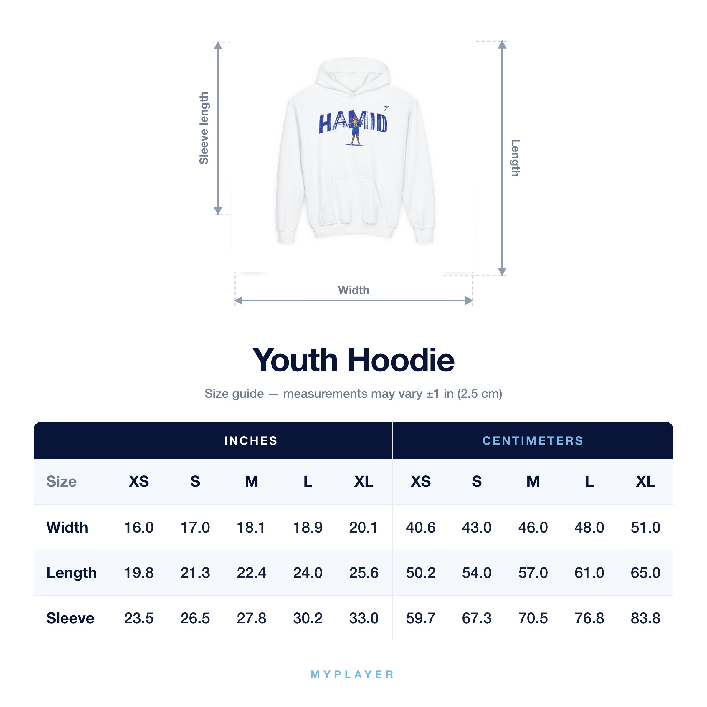 Youth Hoodie size chart