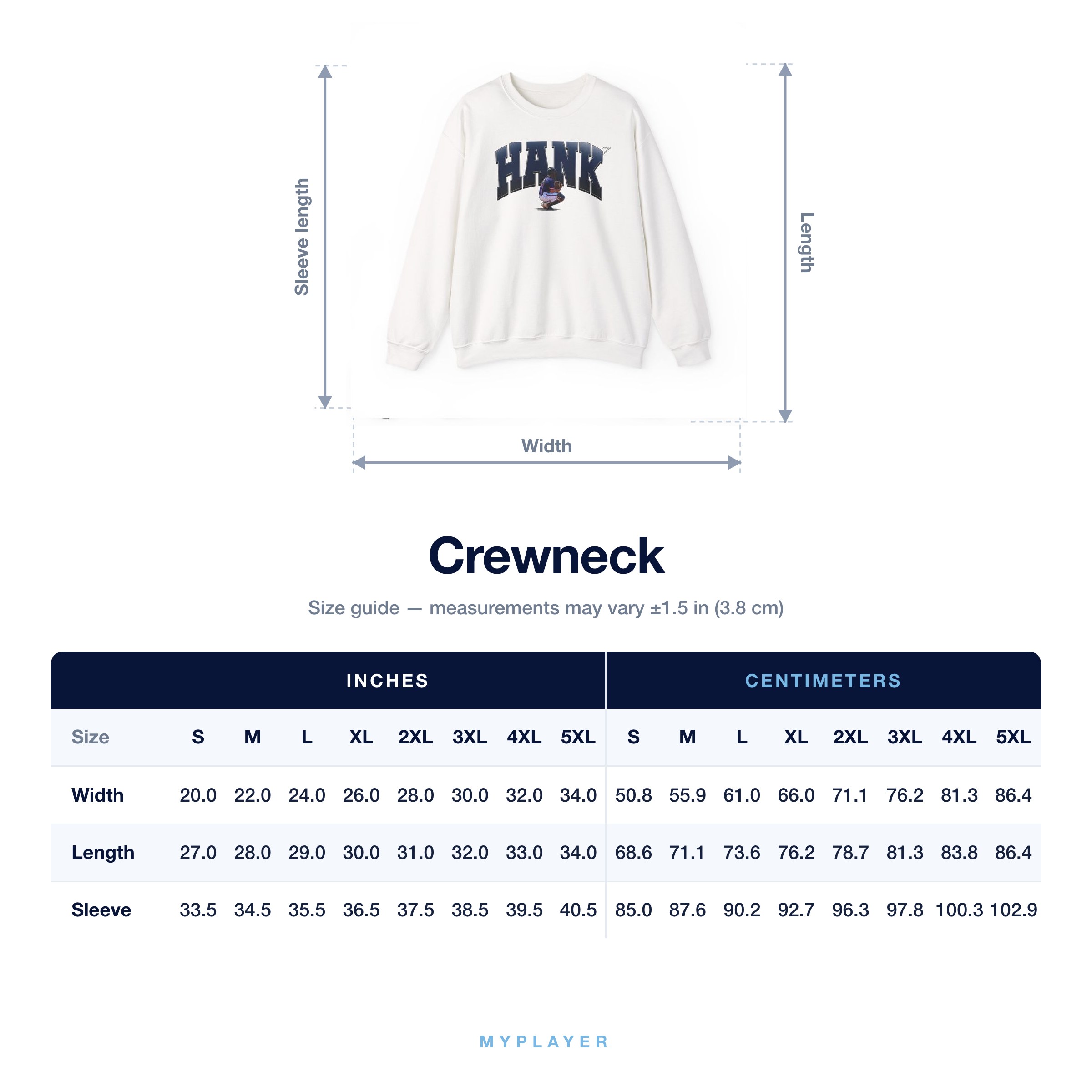 Crewneck size chart