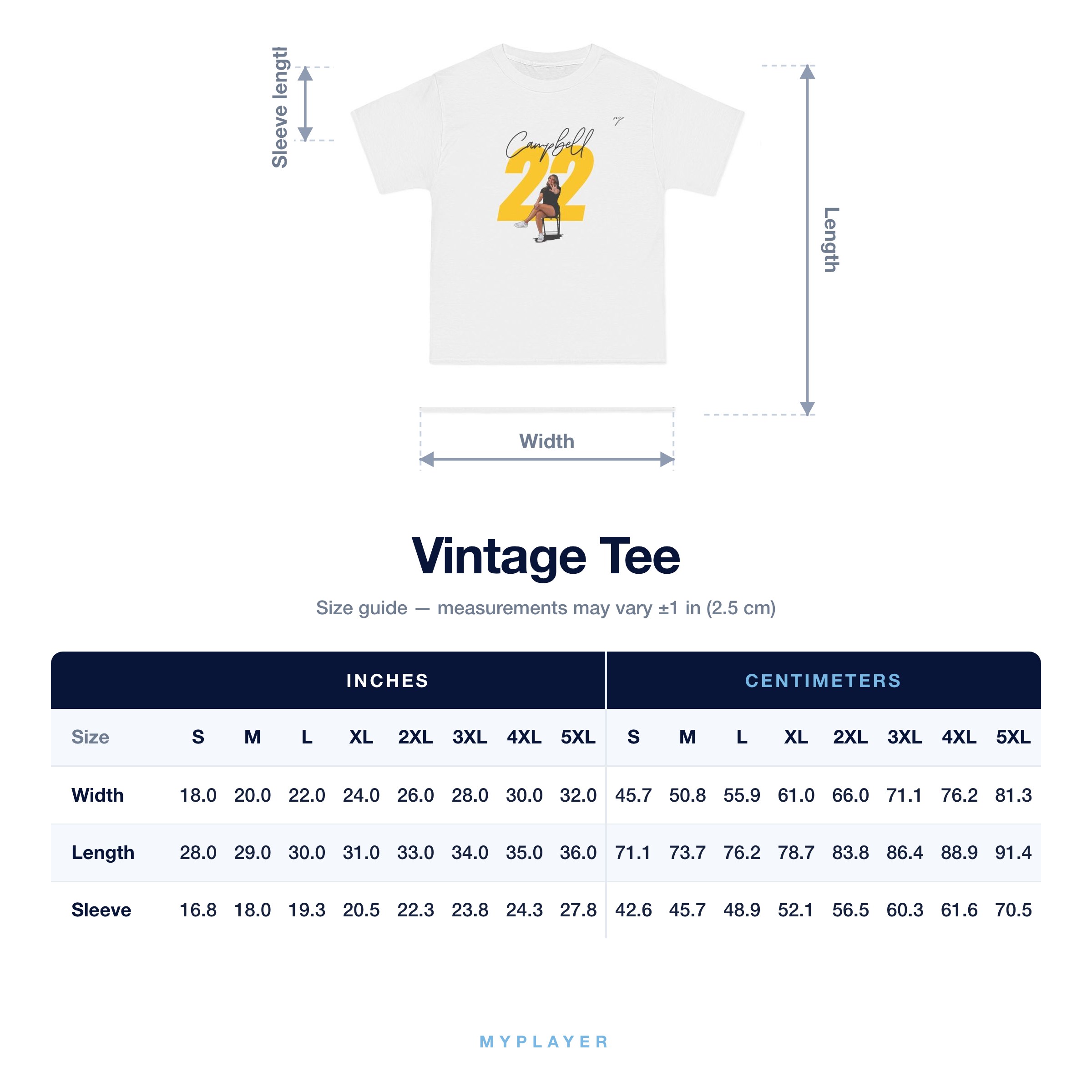 Vintage Tee size chart