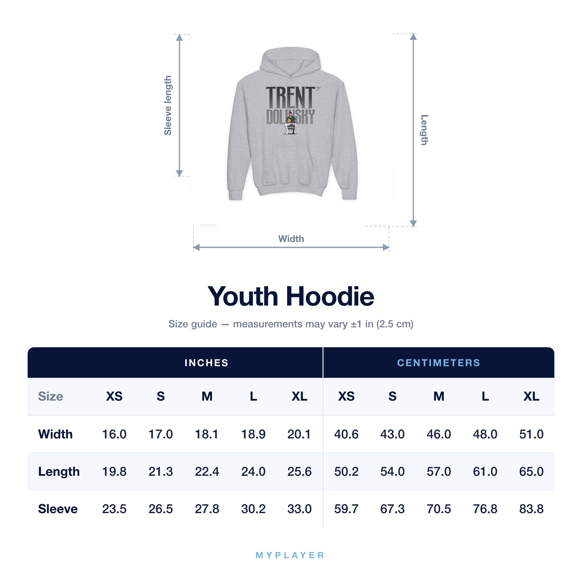 Youth Hoodie size chart