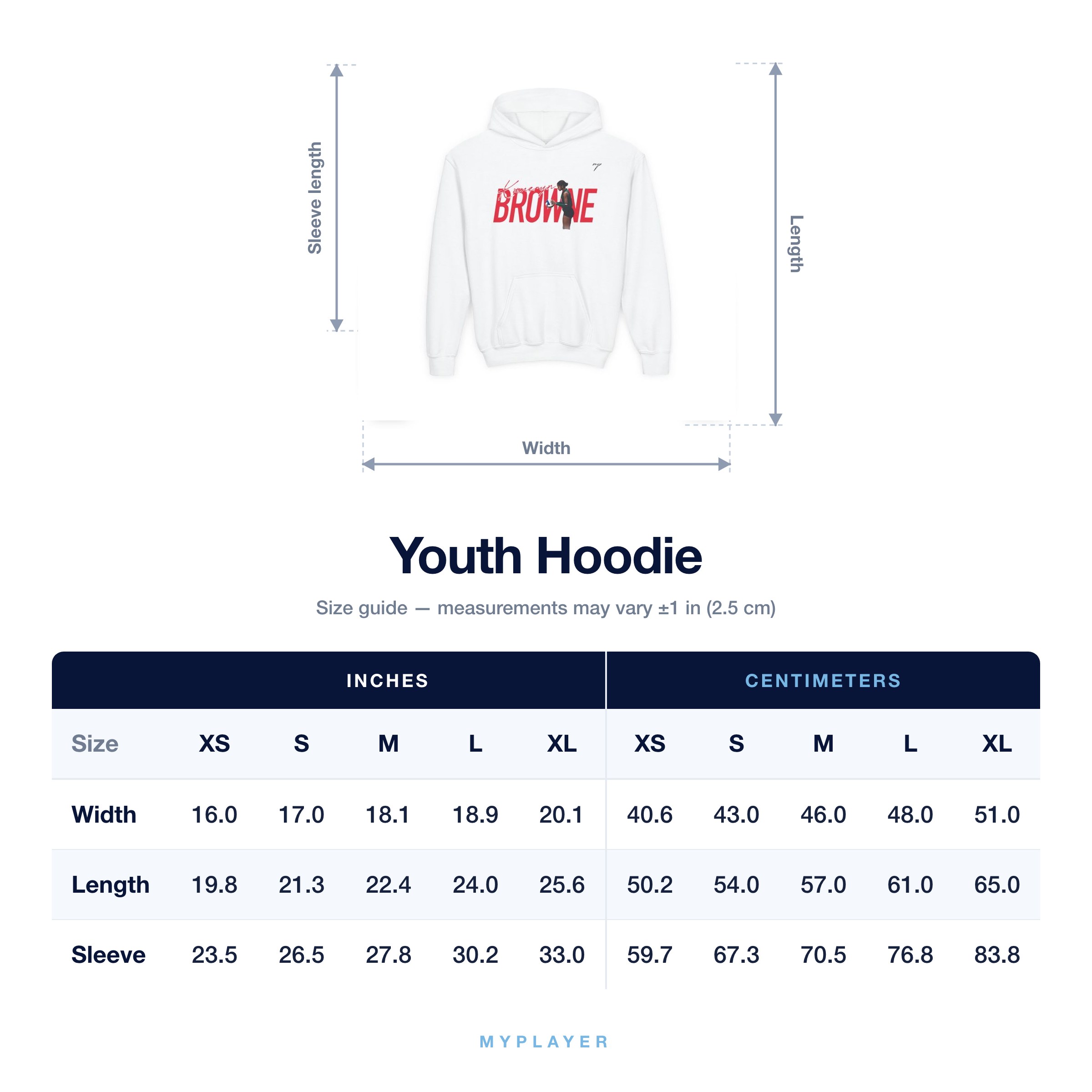 Youth Hoodie size chart