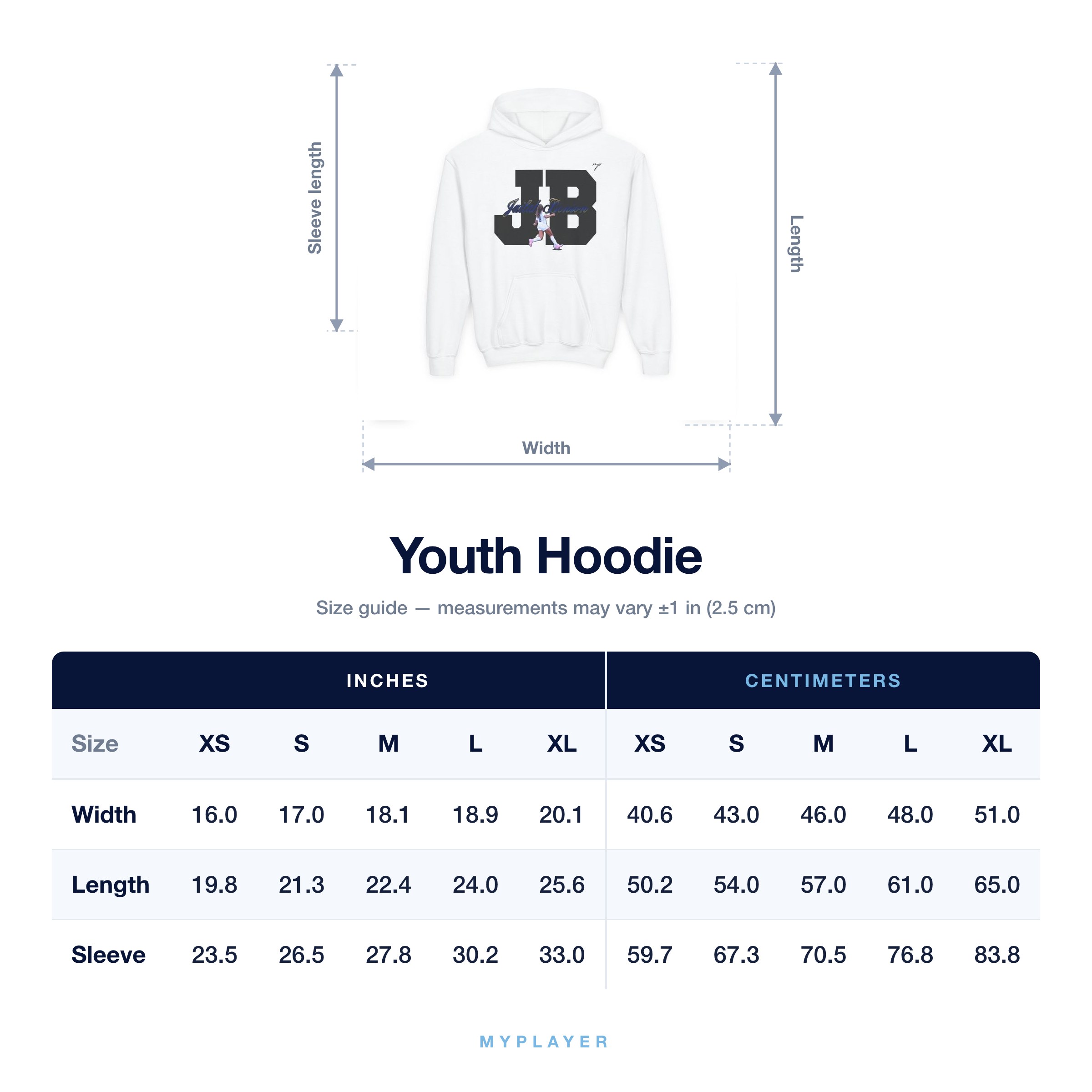 Youth Hoodie size chart