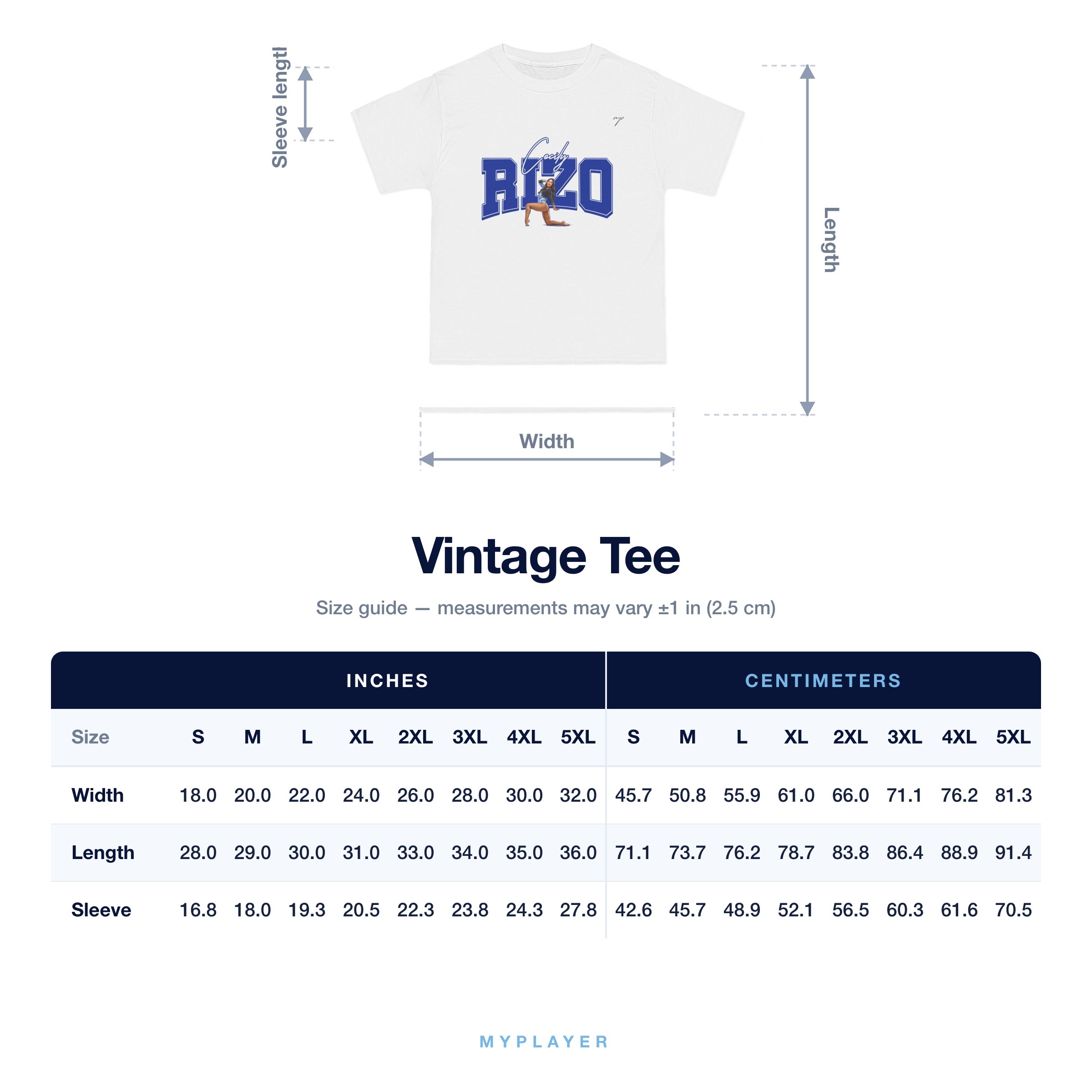 Vintage Tee size chart