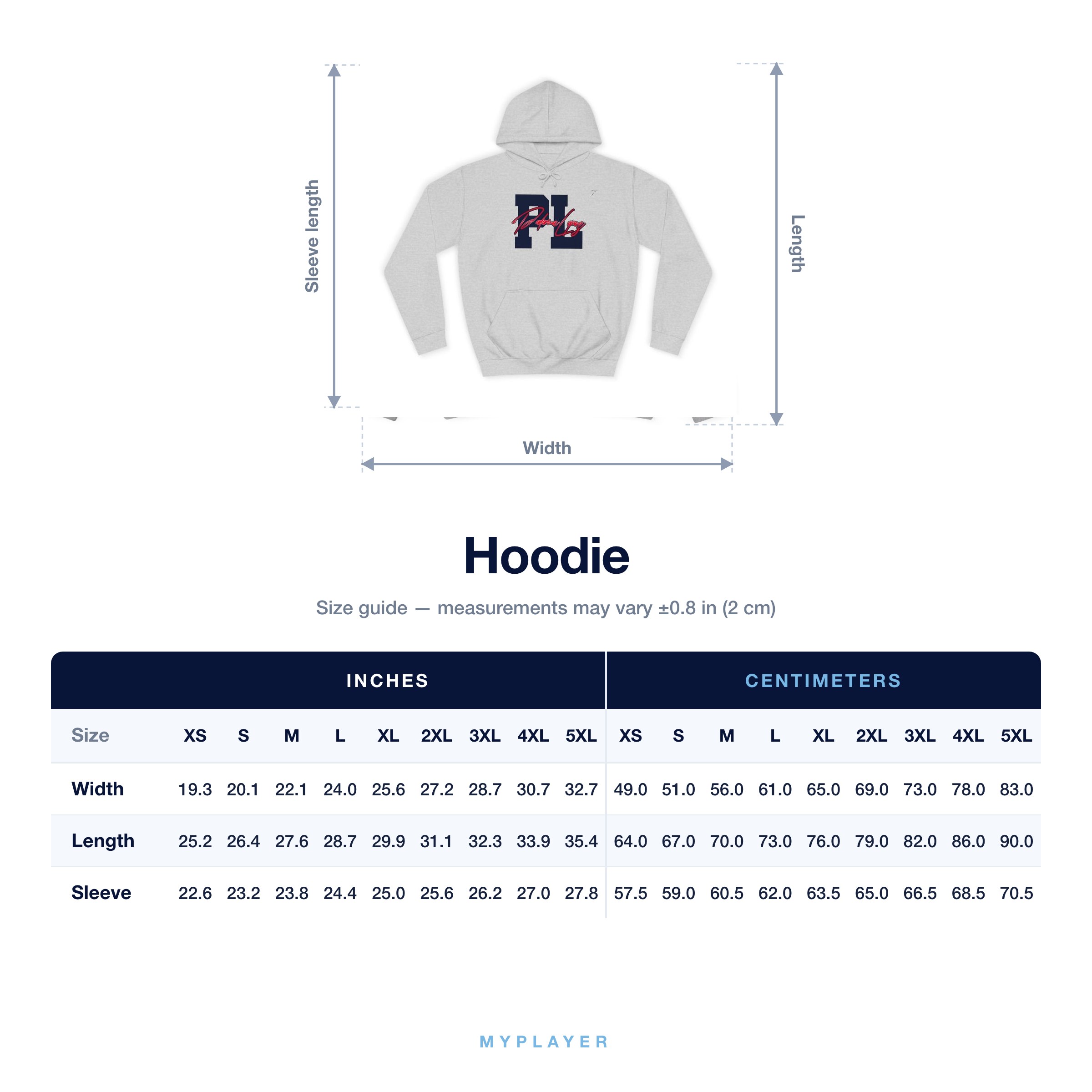 Hoodie size chart