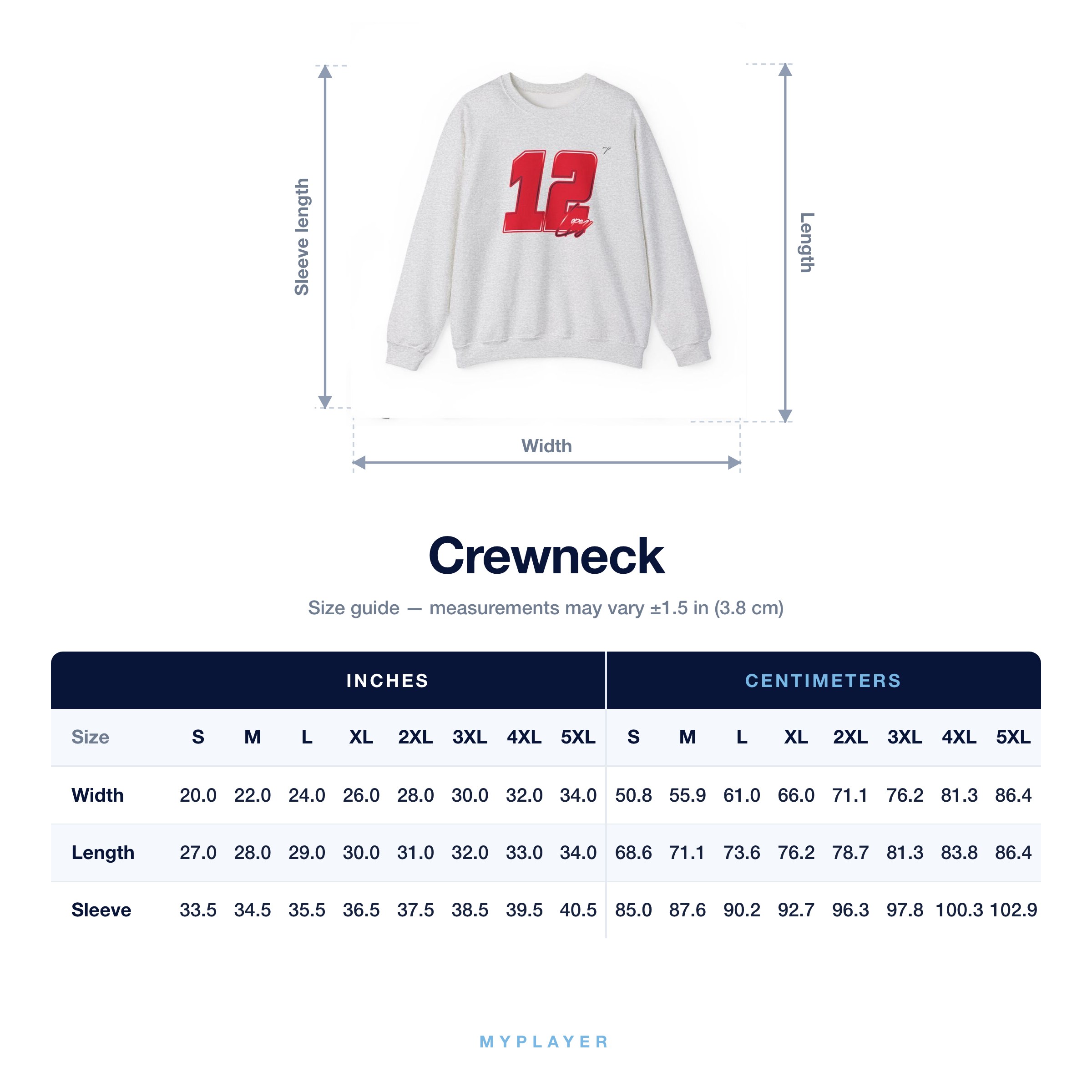Crewneck size chart
