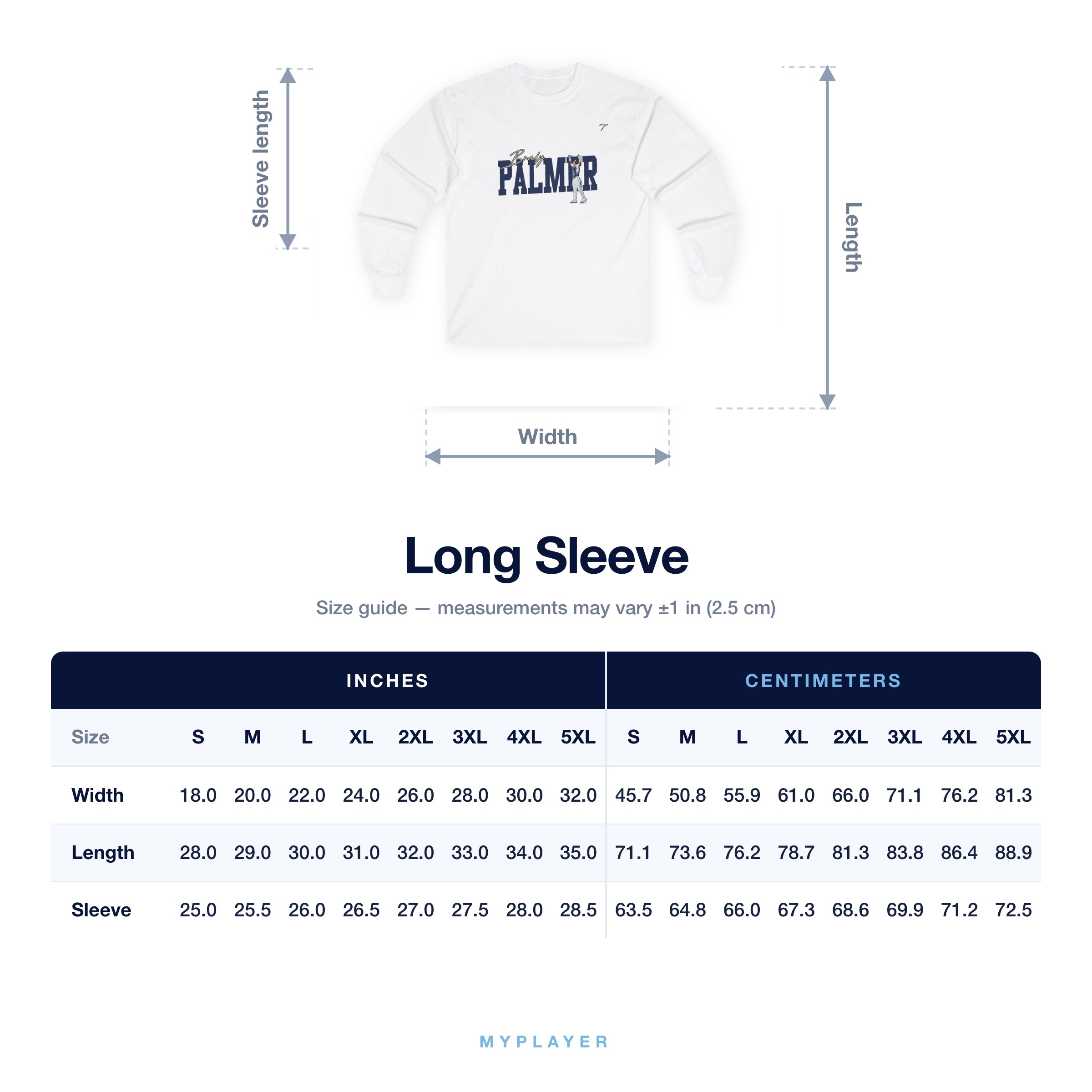Long Sleeve size chart