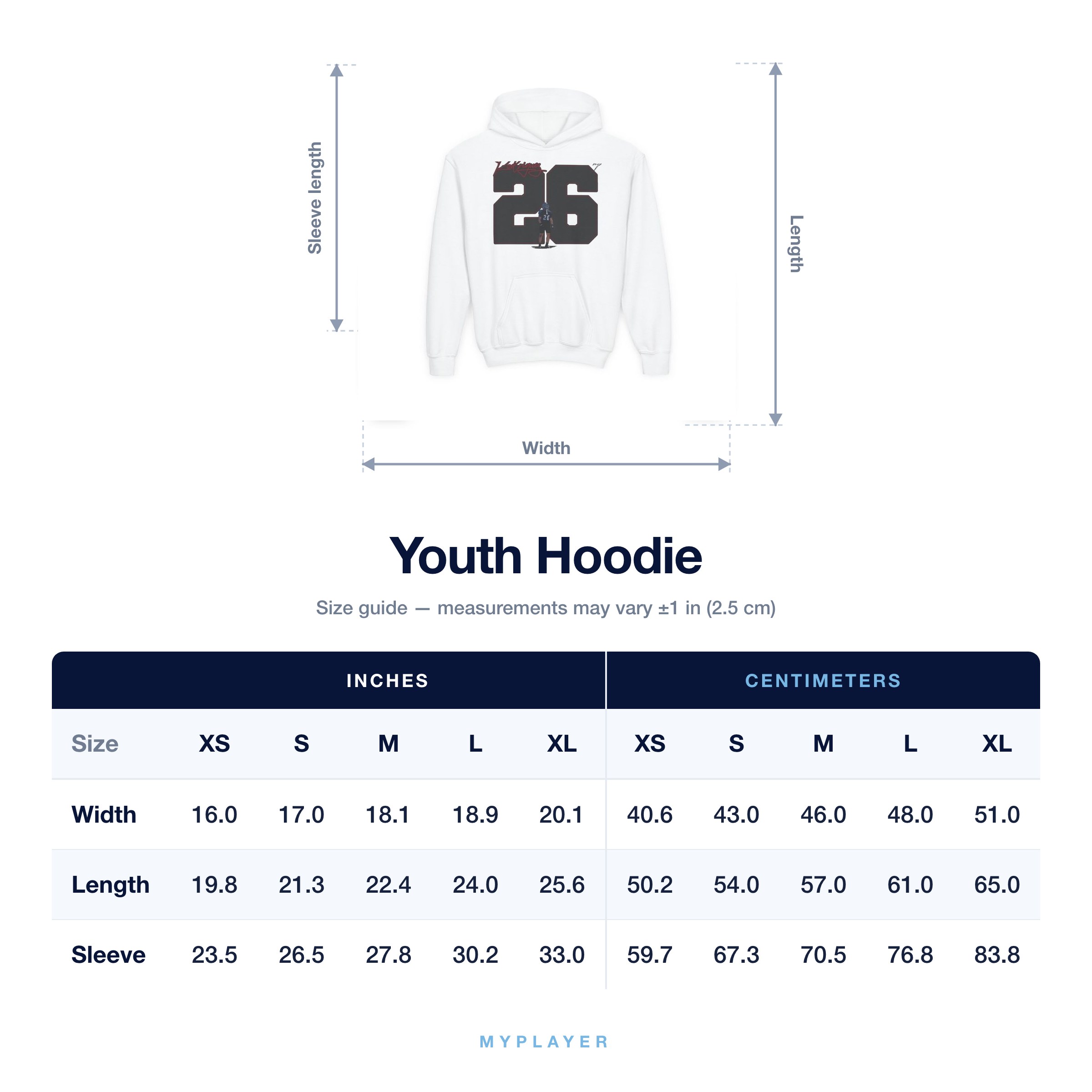 Youth Hoodie size chart