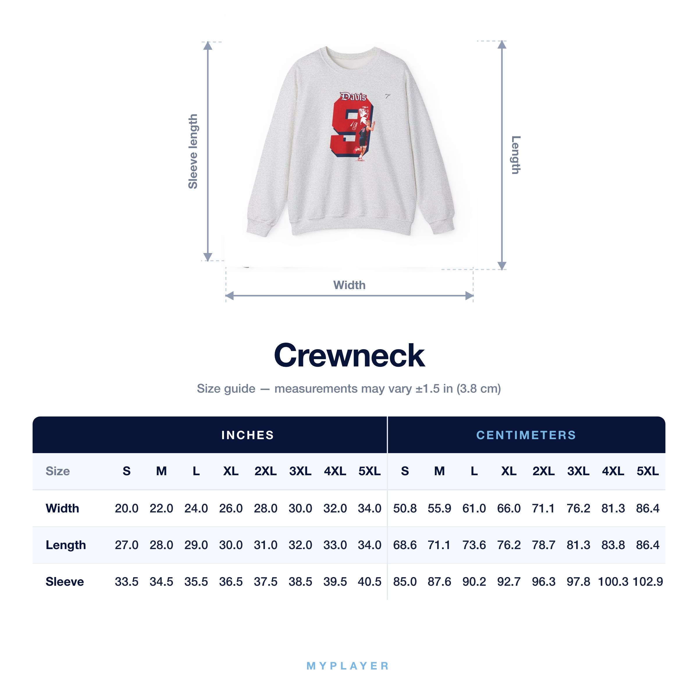 Crewneck size chart