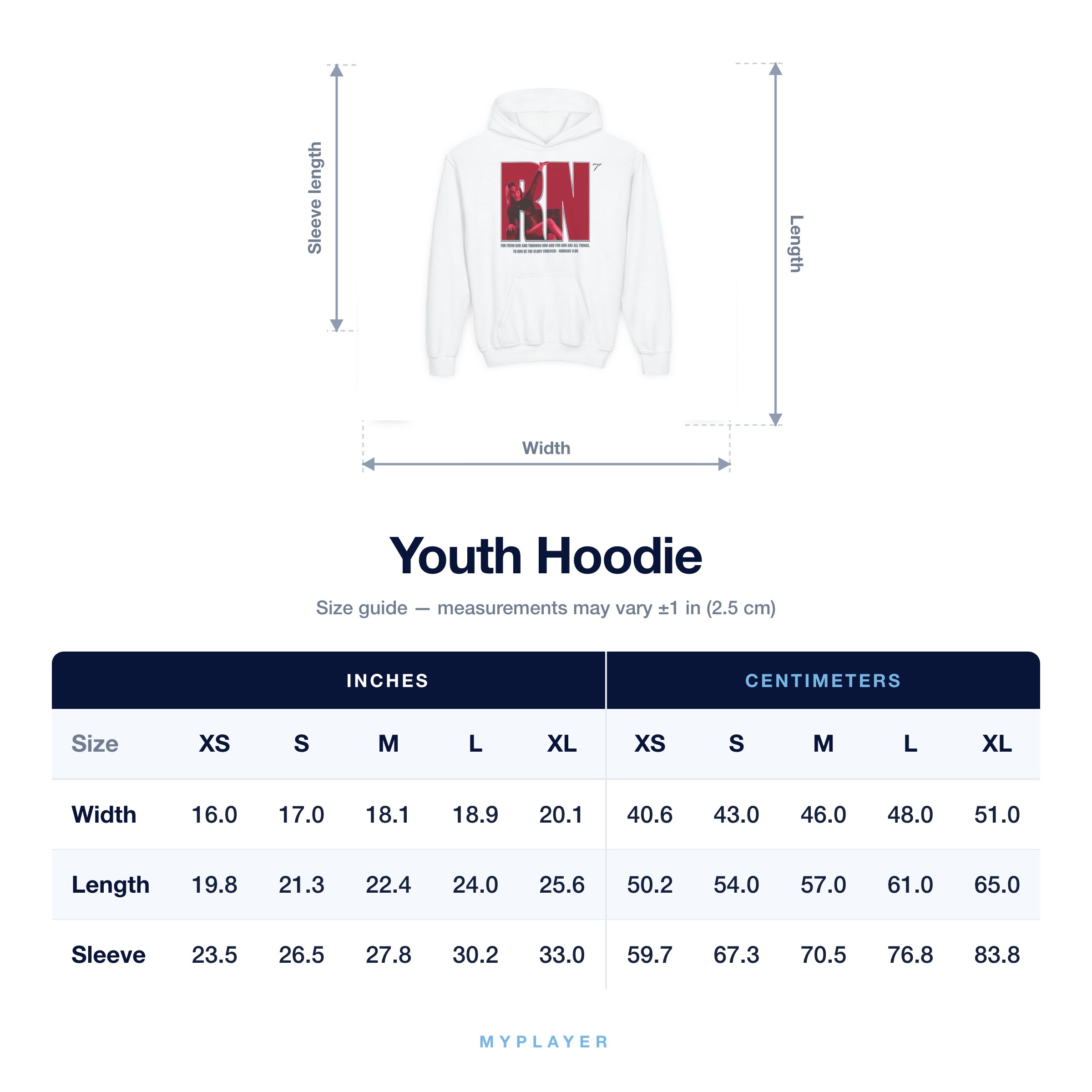 Youth Hoodie size chart