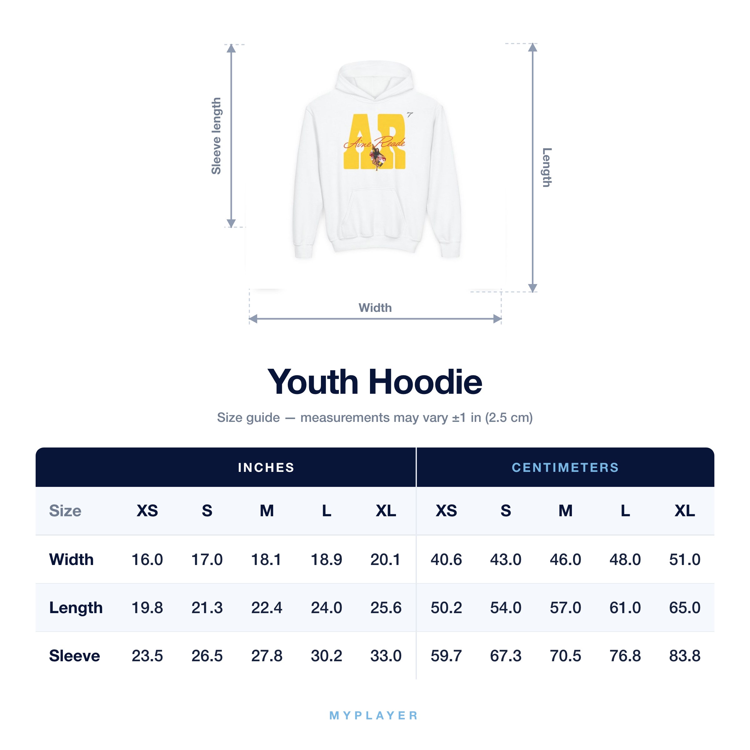 Youth Hoodie size chart