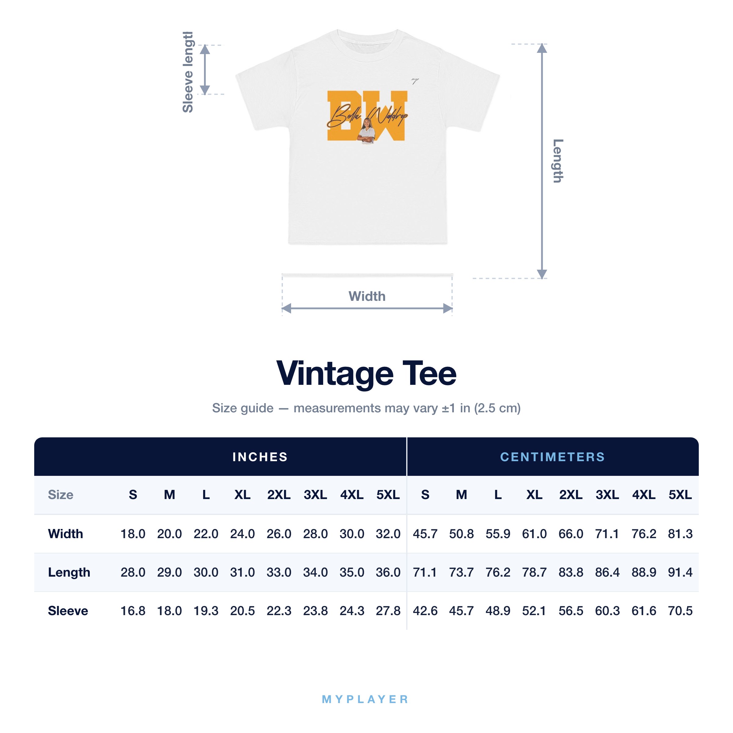 Vintage Tee size chart