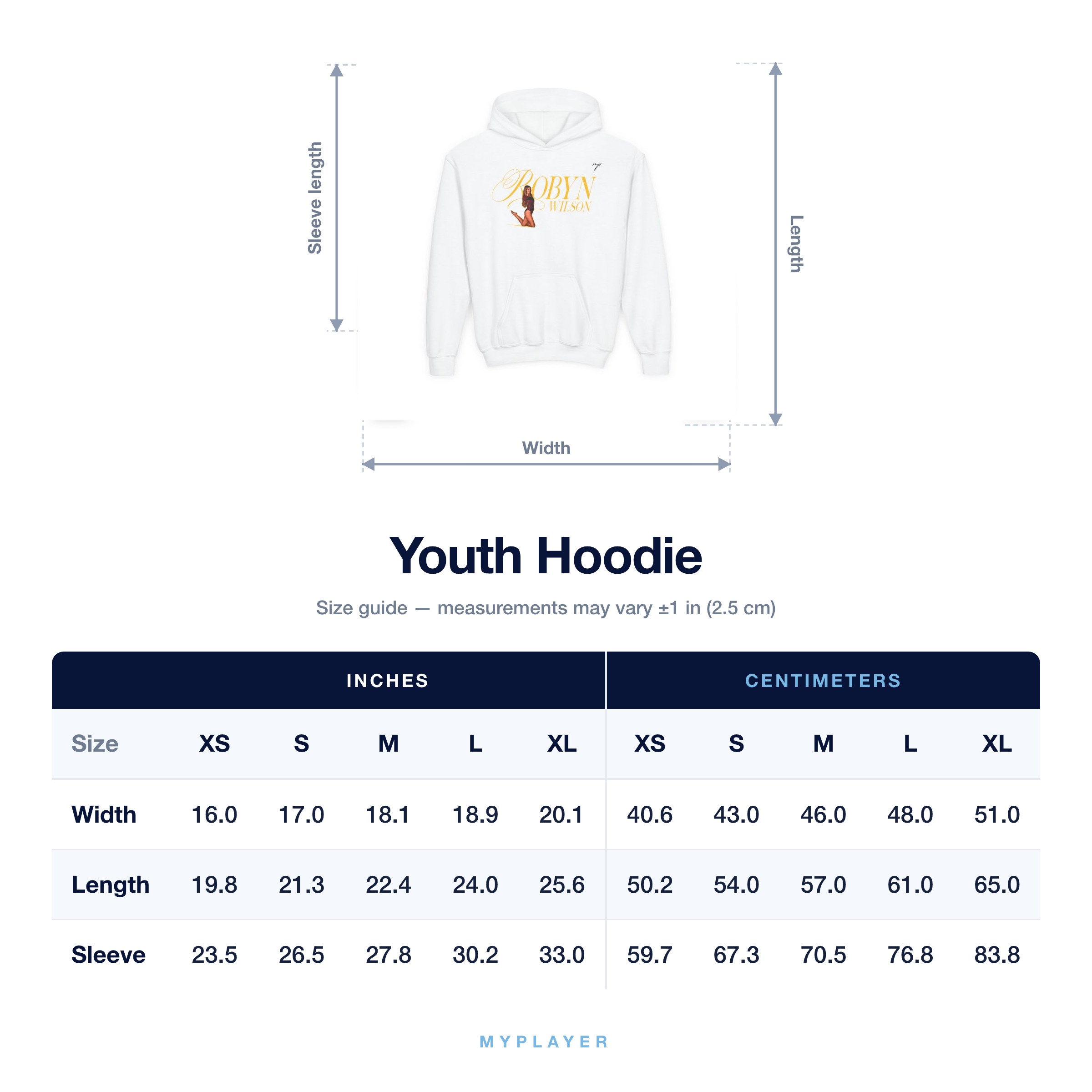 Youth Hoodie size chart