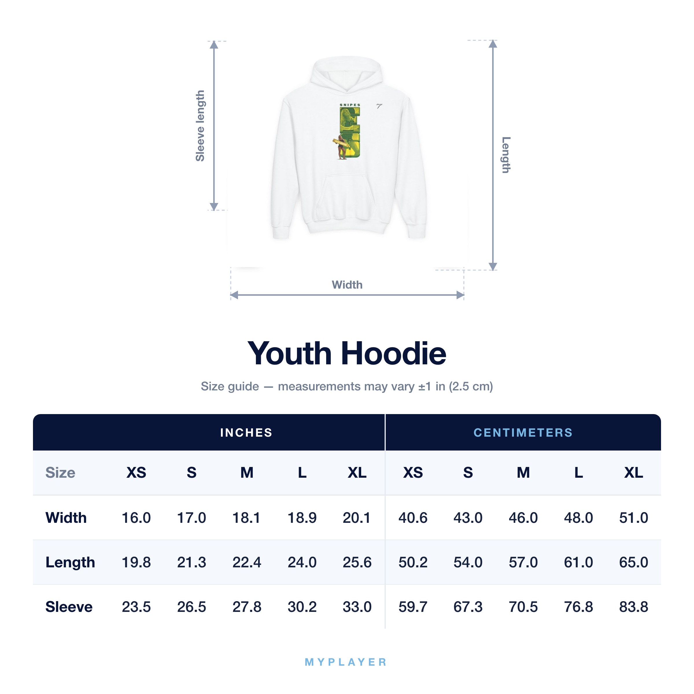 Youth Hoodie size chart