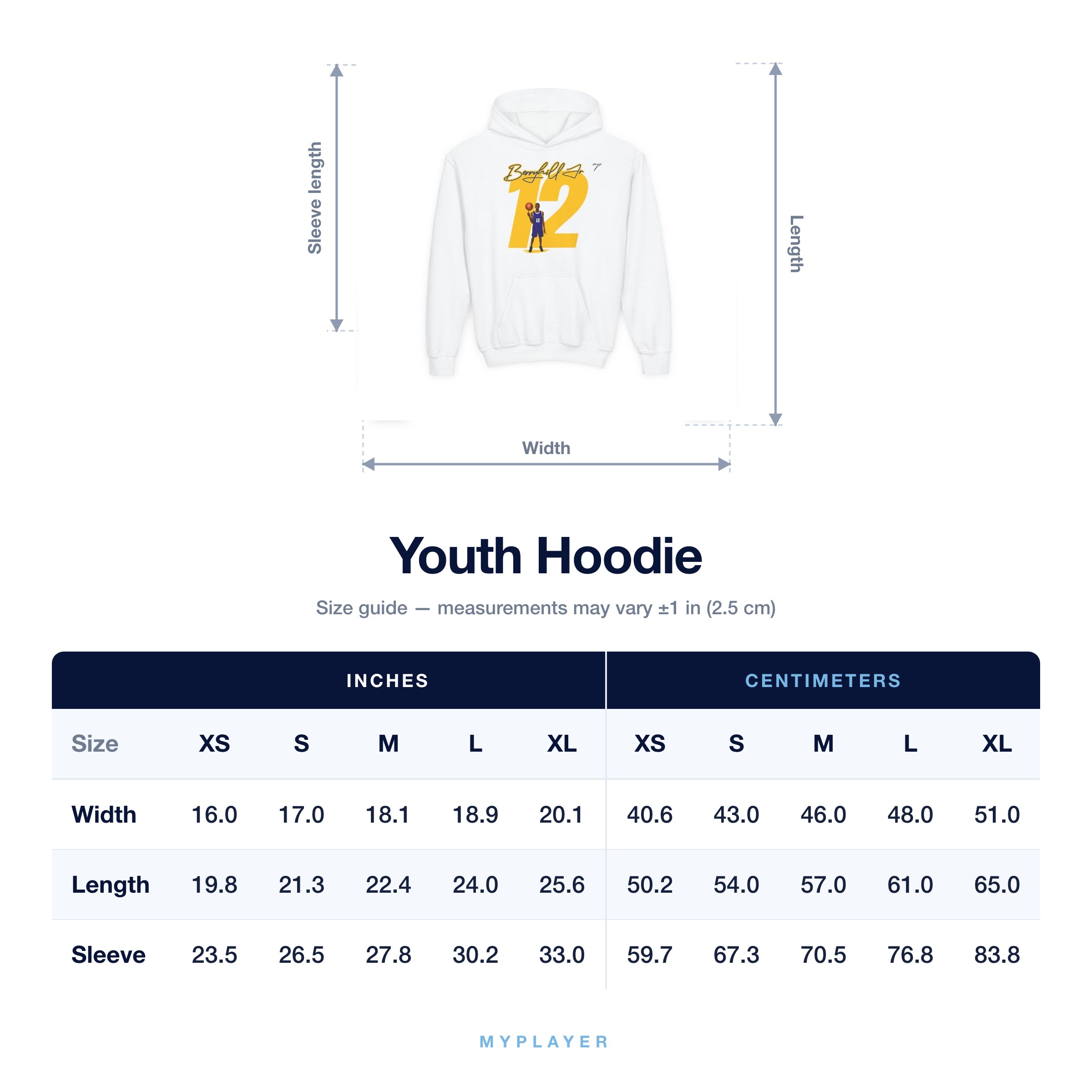 Youth Hoodie size chart