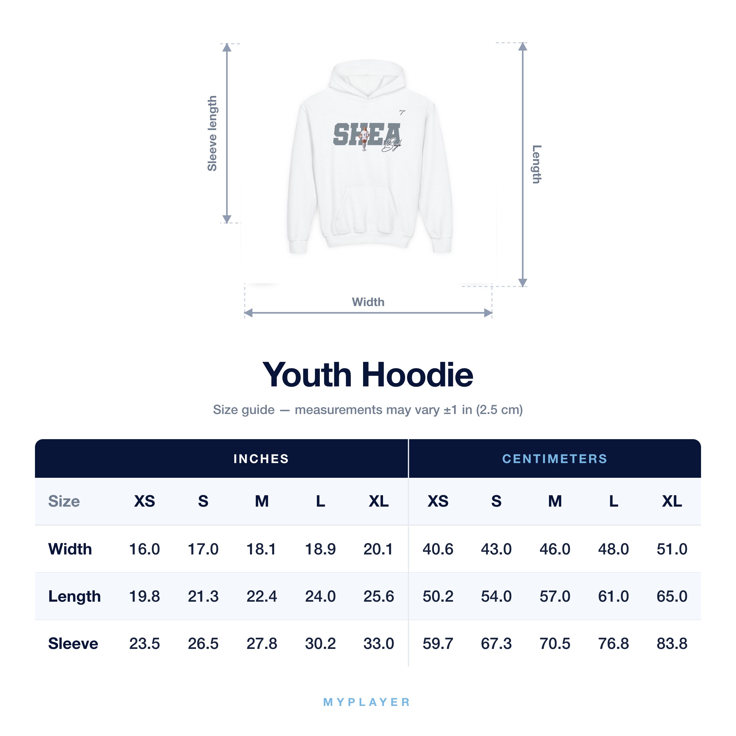 Youth Hoodie size chart