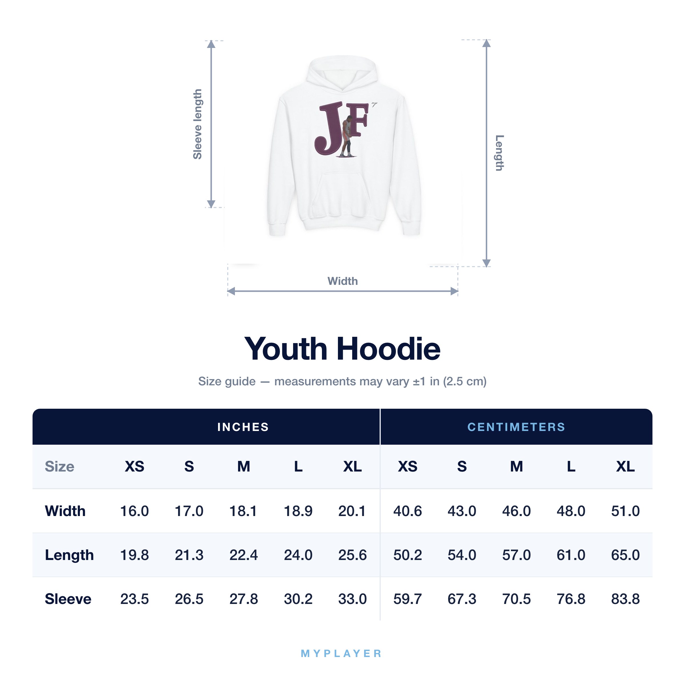 Youth Hoodie size chart