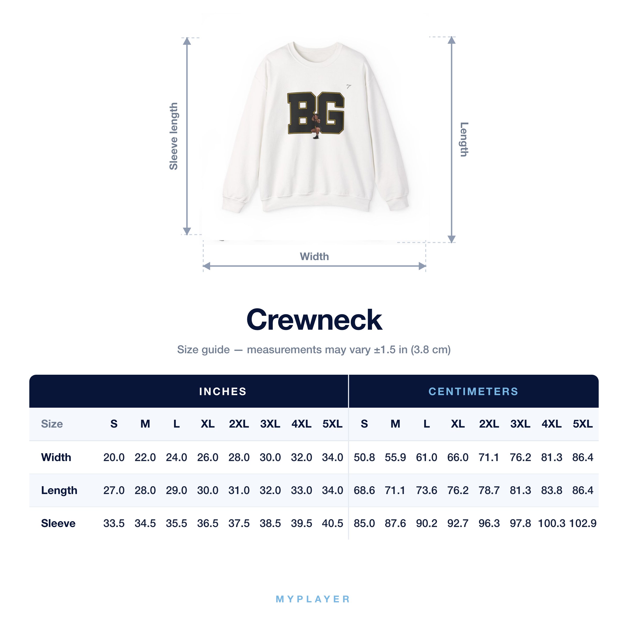 Crewneck size chart