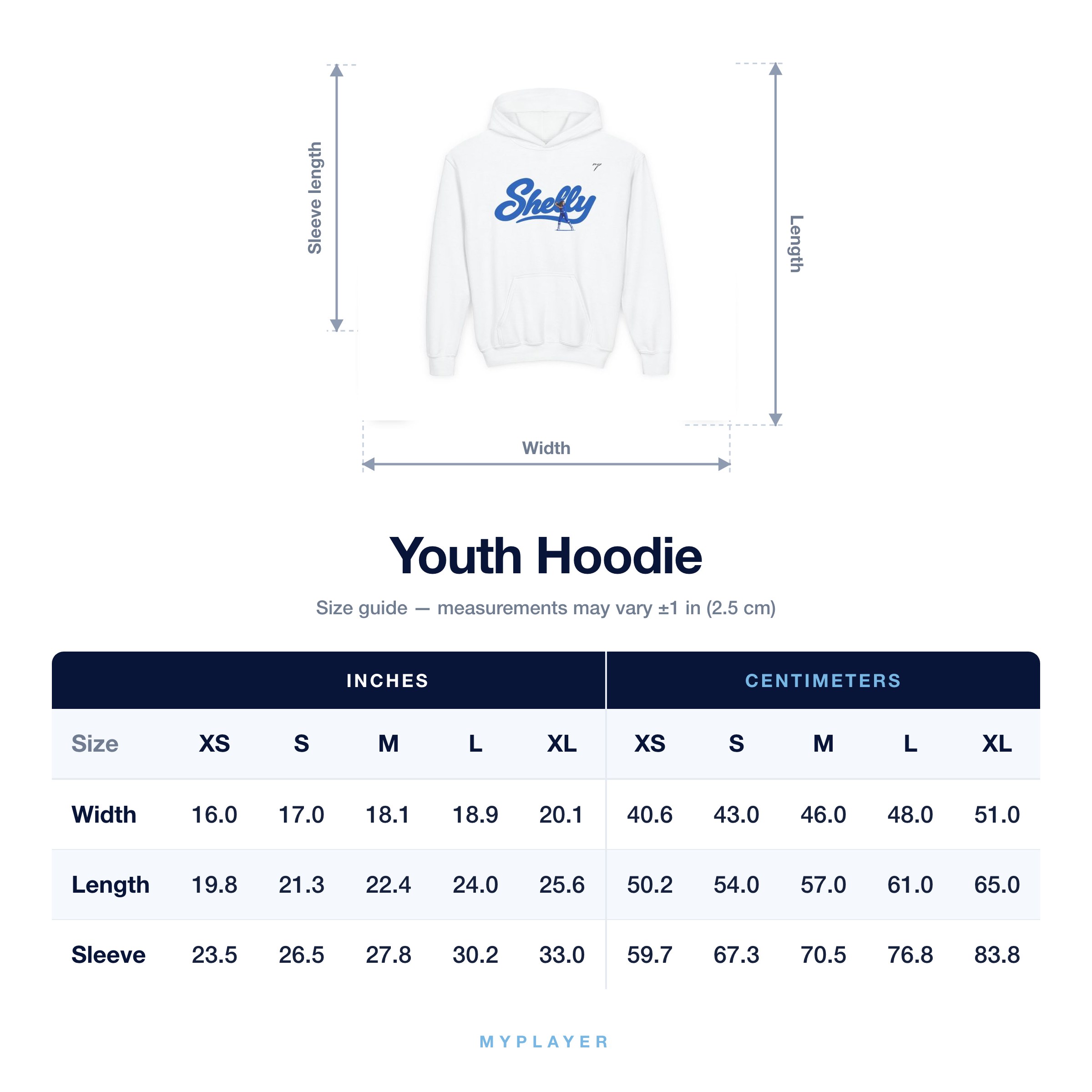 Youth Hoodie size chart