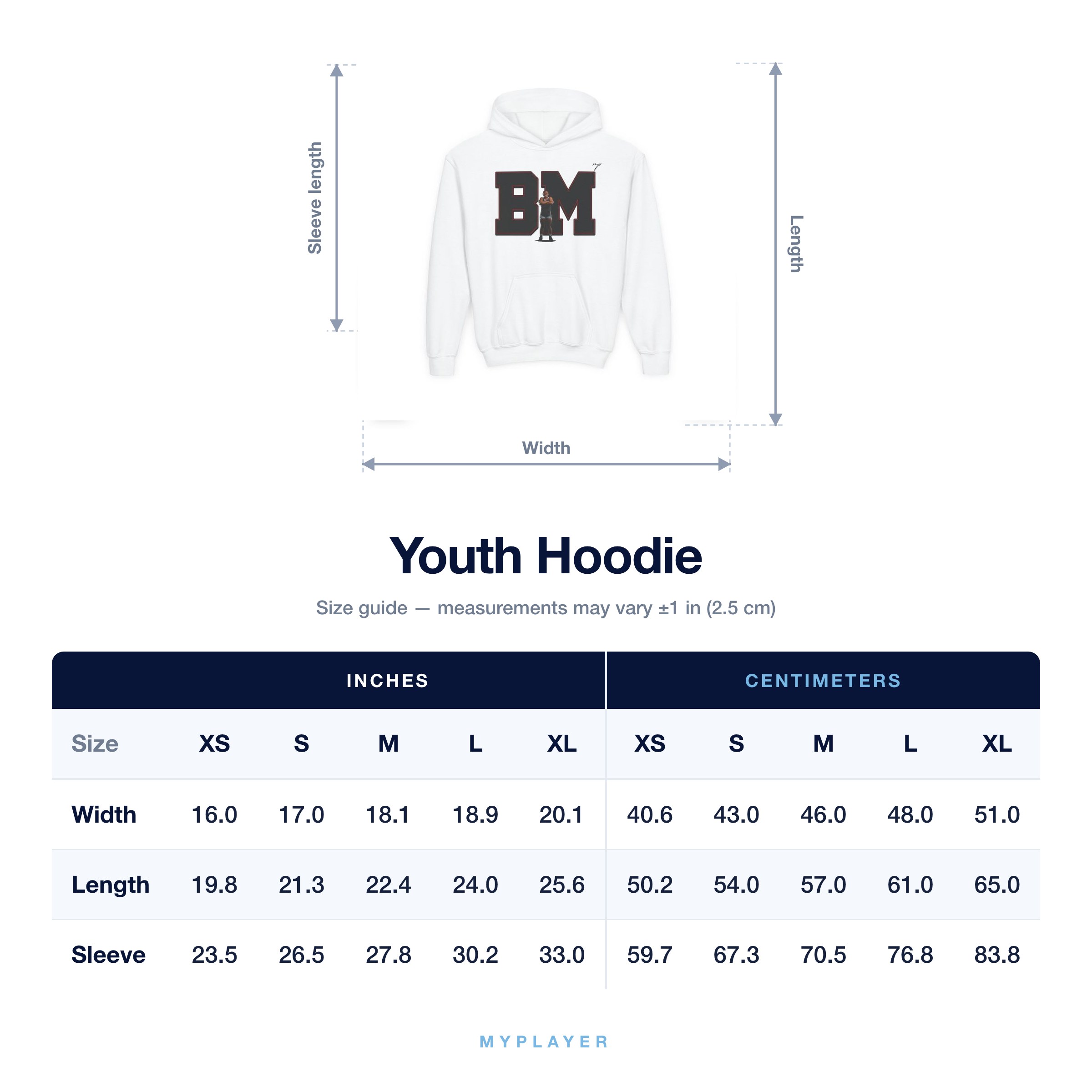 Youth Hoodie size chart