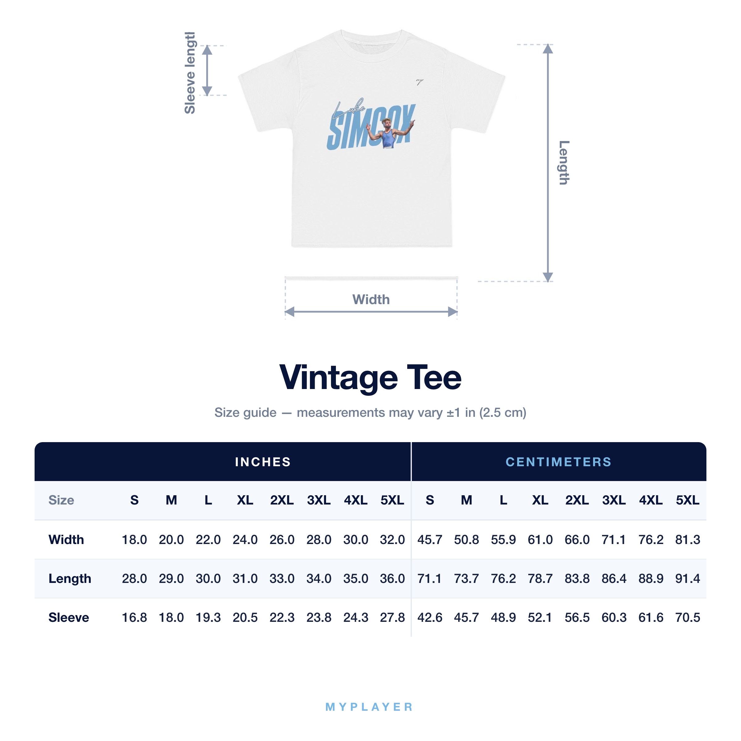Vintage Tee size chart