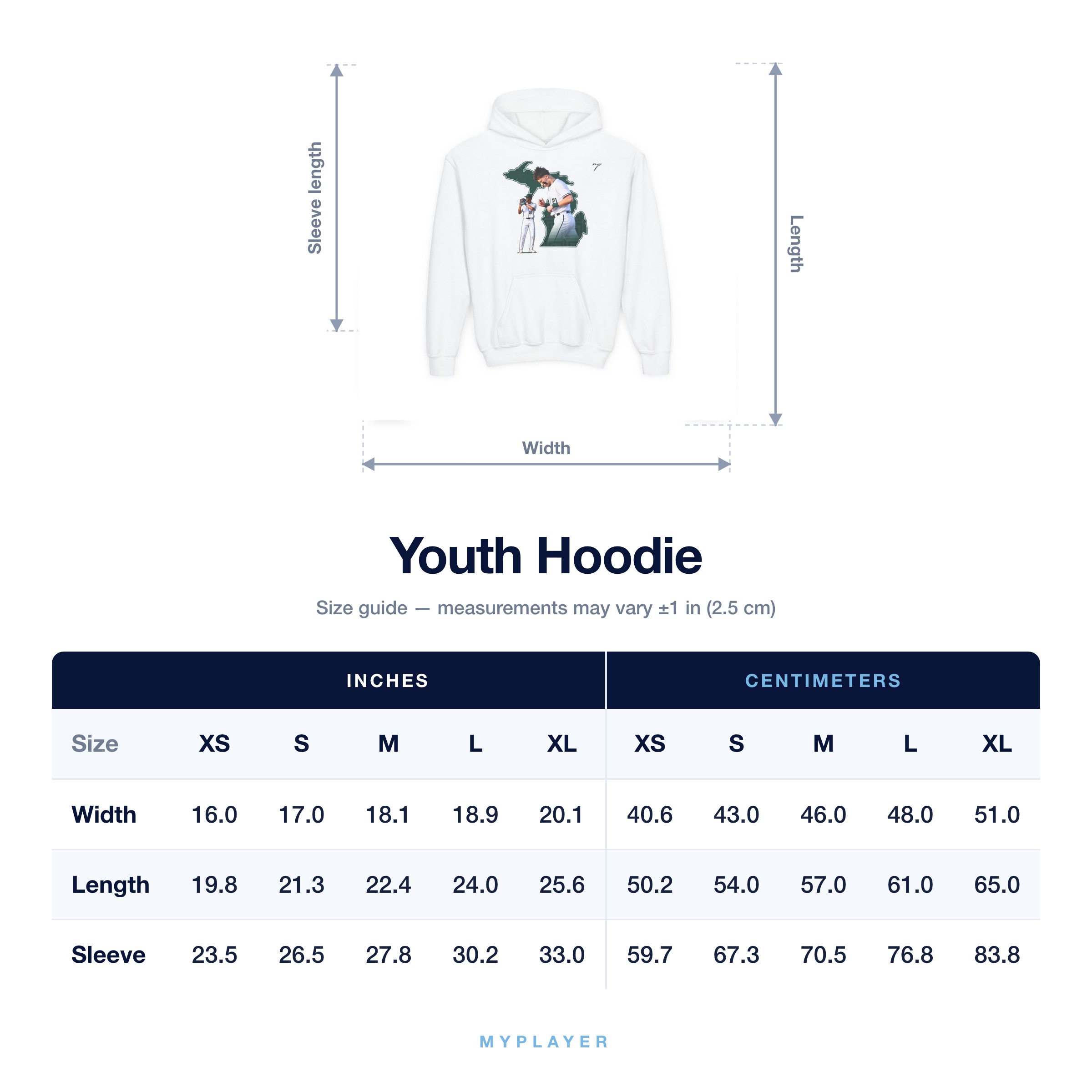 Youth Hoodie size chart