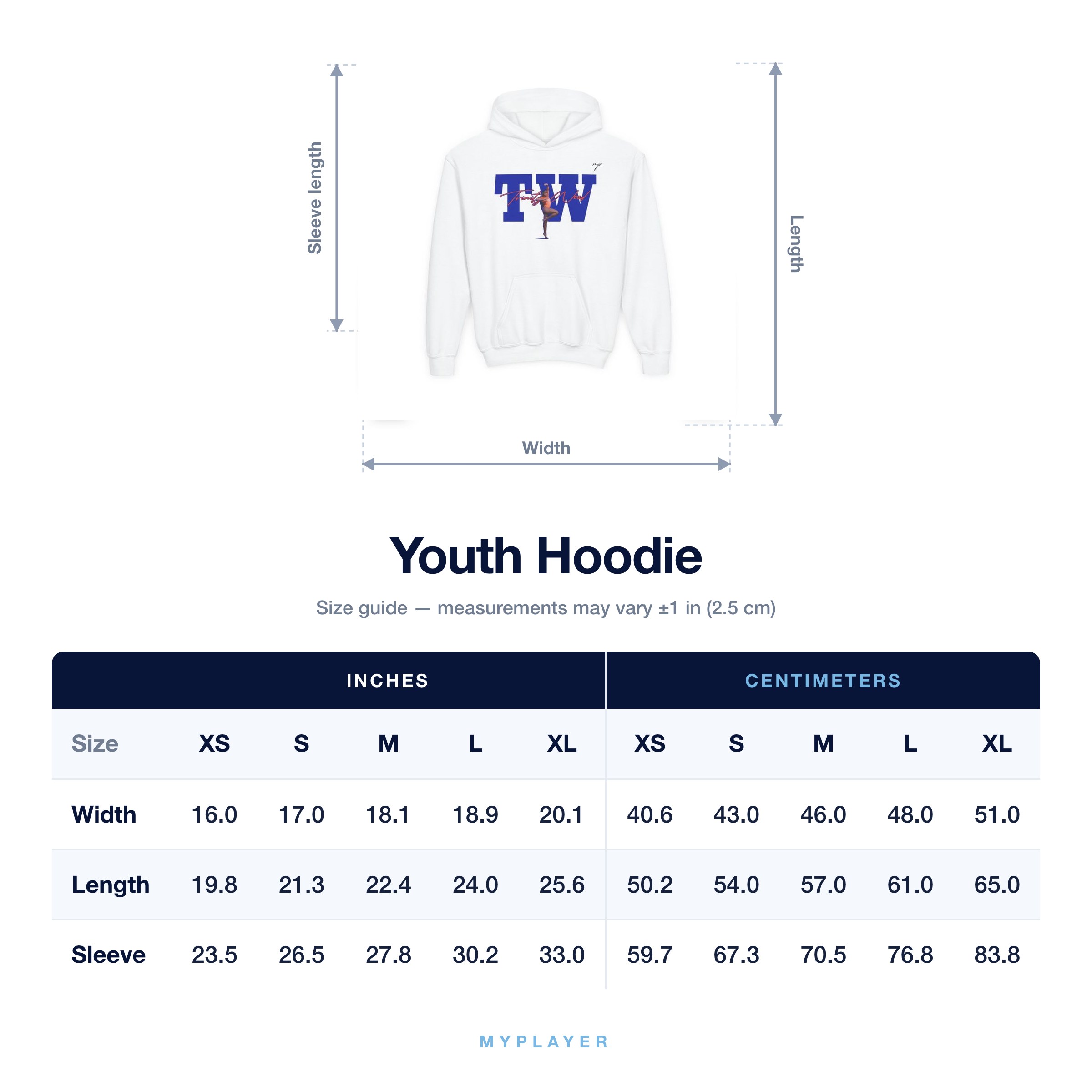 Youth Hoodie size chart